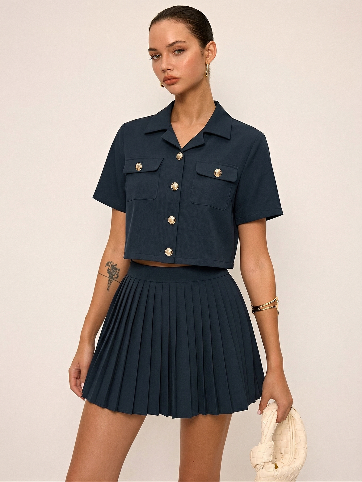 Short Sleeve Crop Top & Pleated Mini Skirt Set