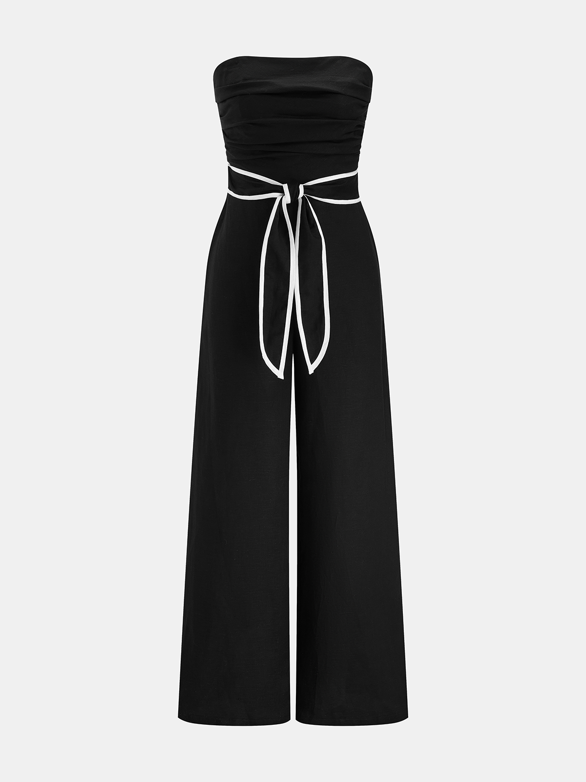 Trägerloser Leinenmix-Jumpsuit mit weitem Bein und Bindegürtel