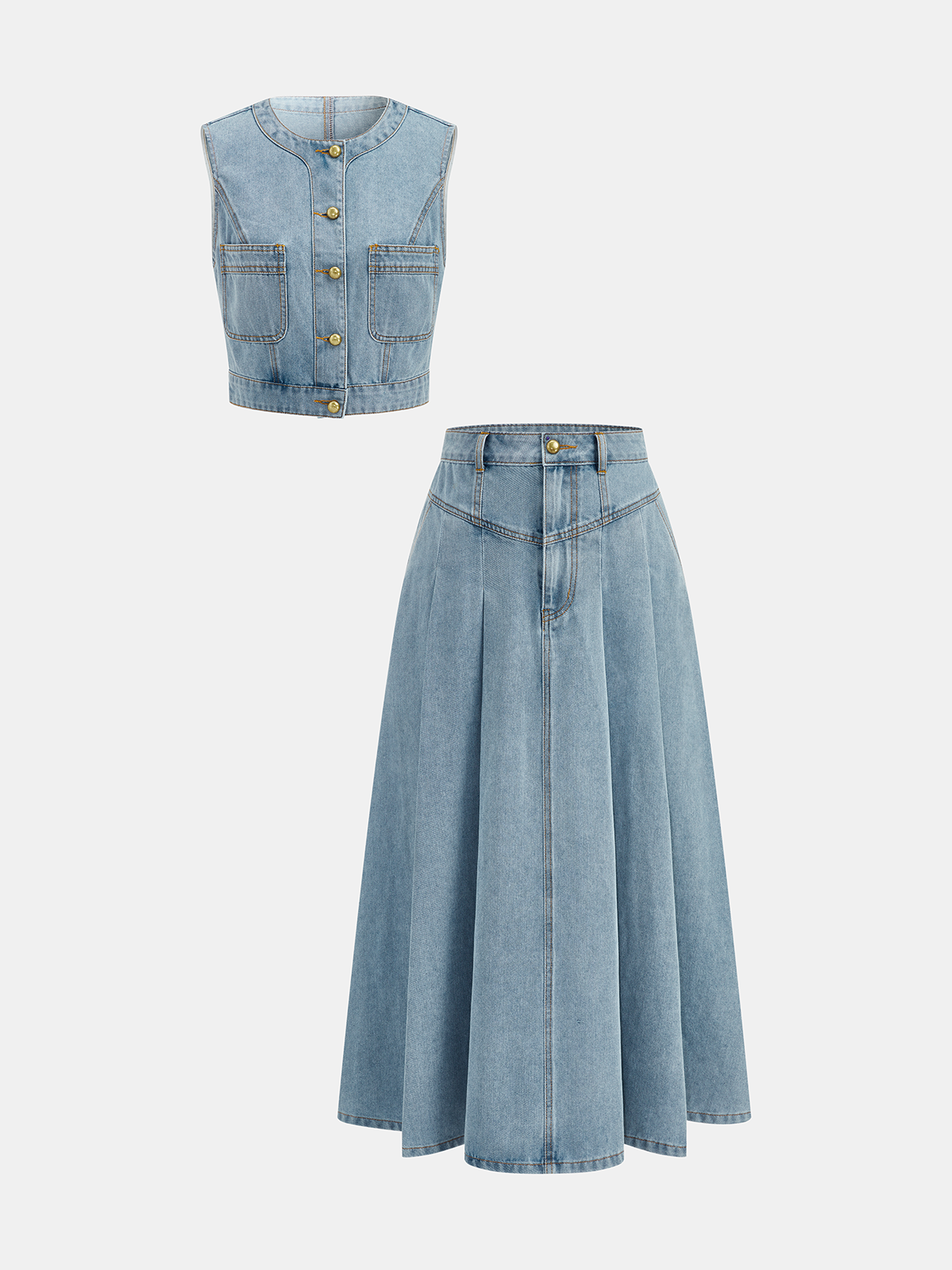 Denim Crop Vest & Pleated Midi Skirt Set