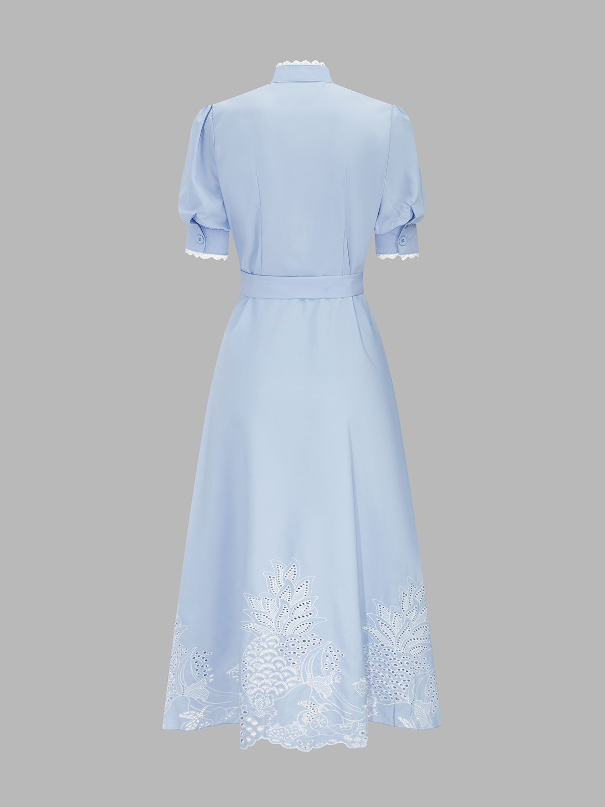 Eyelet Embroidery Buttoned Belted Midi Dress