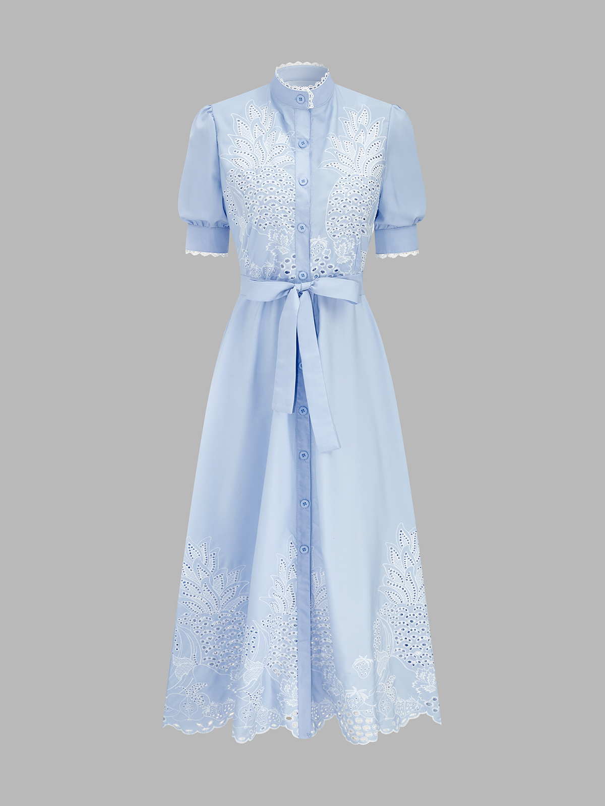 Eyelet Embroidery Buttoned Belted Midi Dress