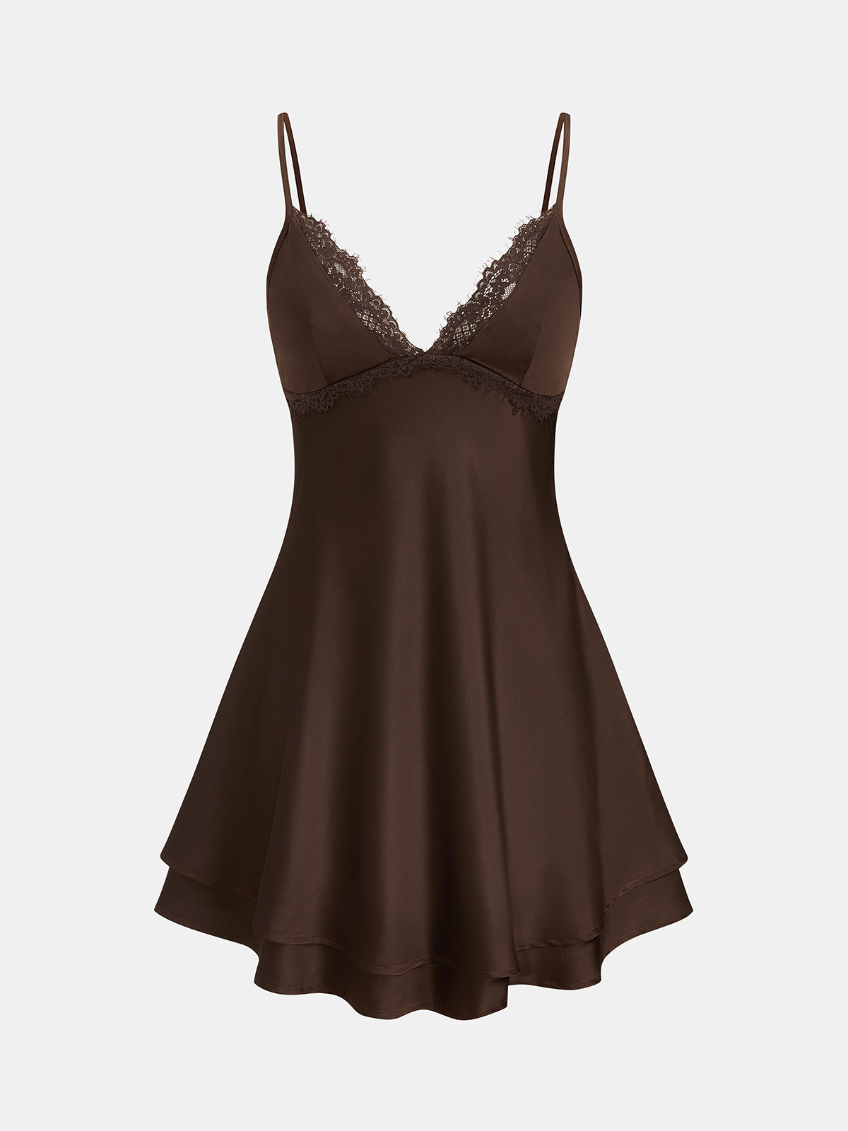 Lace Trim Satin V-Neck Cami Mini Dress