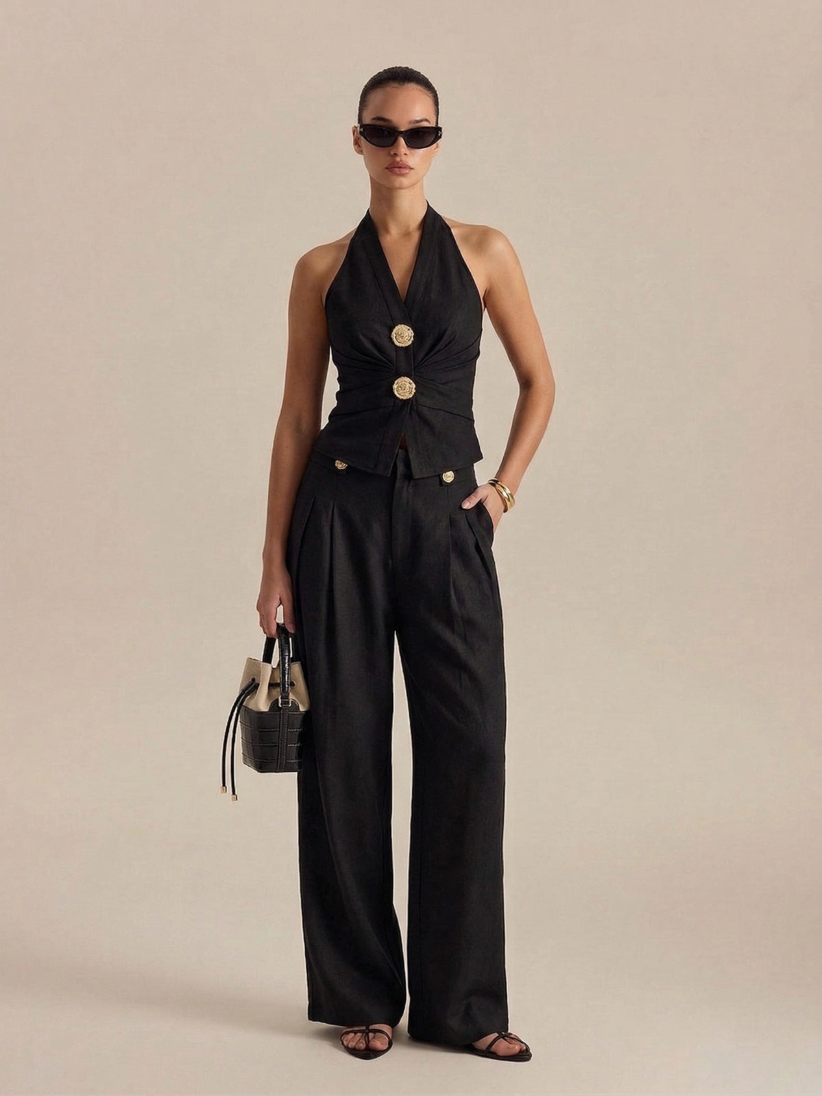 Set aus Leinenmix Neckholder-Oberteil und Hose mit Raffung