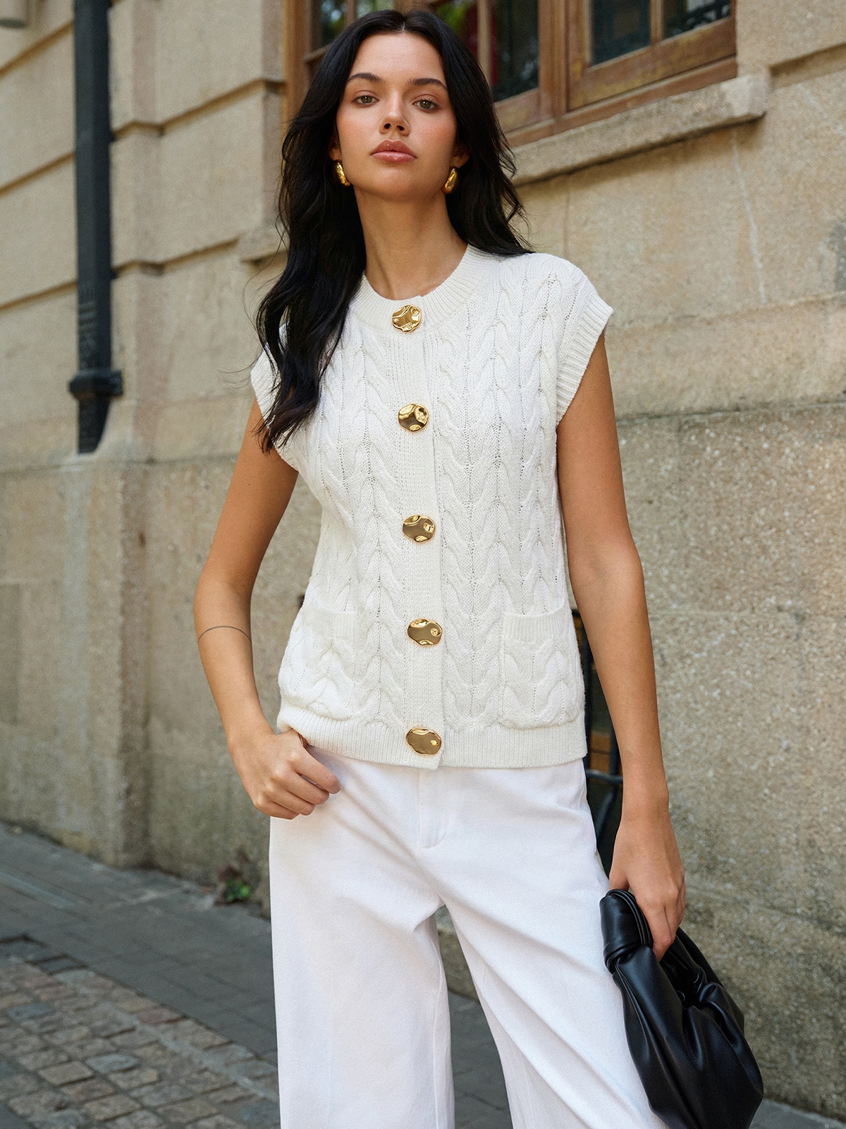 Sleeveless Metal Detail Cable Knit Top