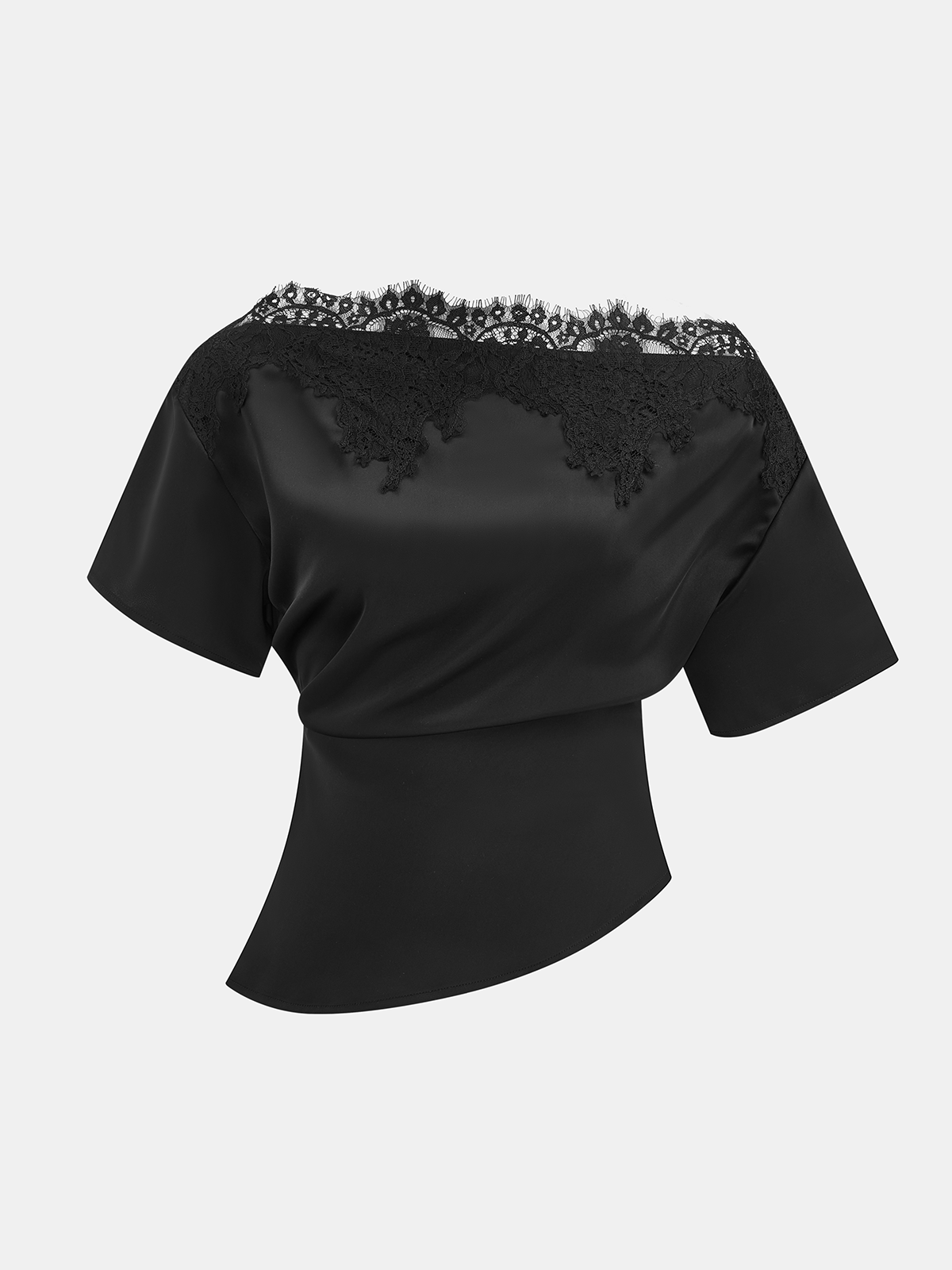 Satin Off-Shoulder Lace Trim Asymmetrical Top