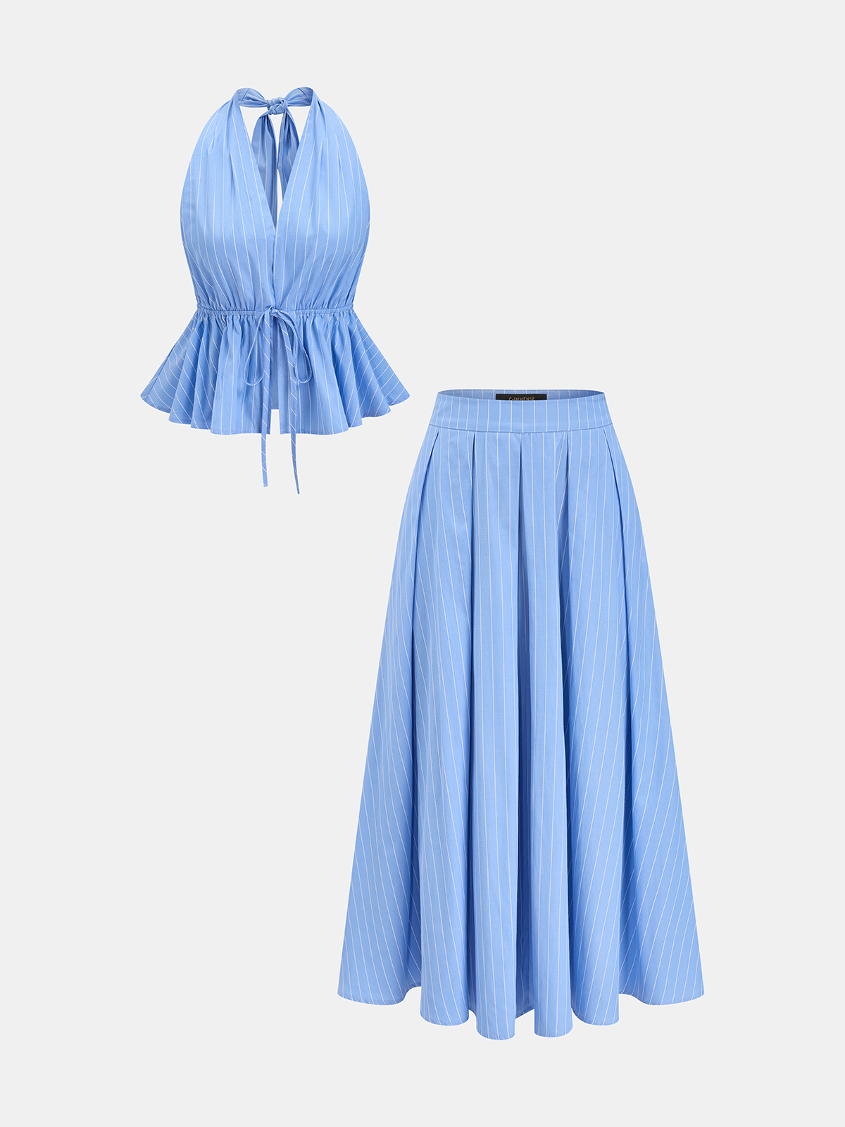 Pinstripe Halter Peplum Top & Pleated Skirt Set