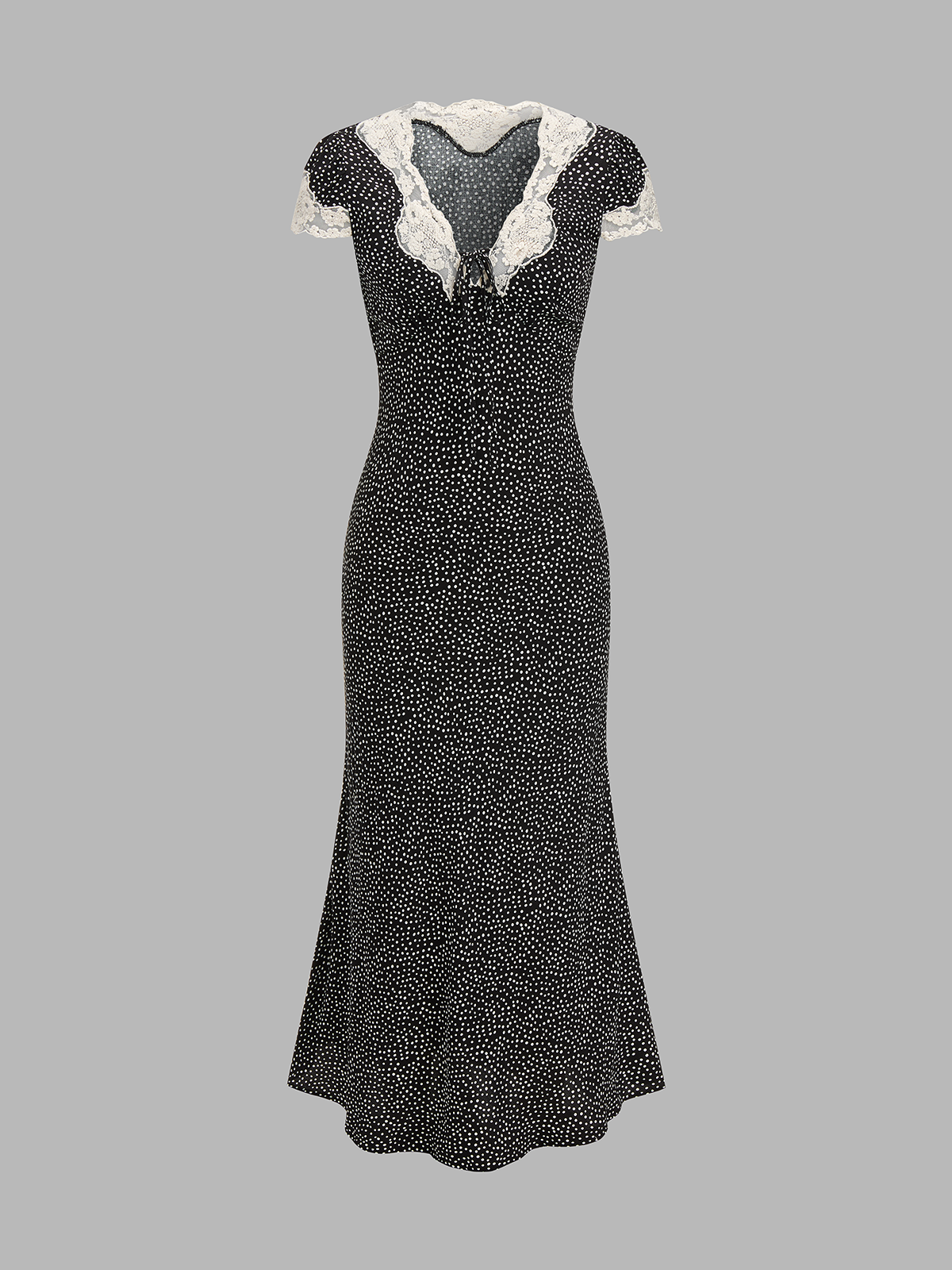 Gepunktetes Spitzen-Midi-Kleid mit V-Ausschnitt