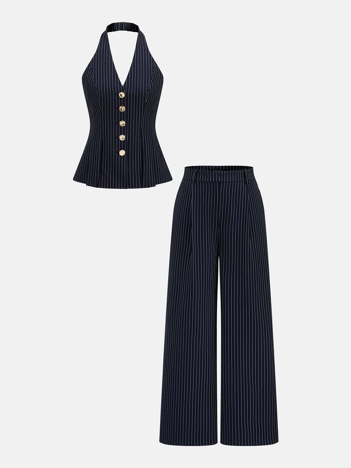 Pinstripe Metal Button Halter Top & Pants Set