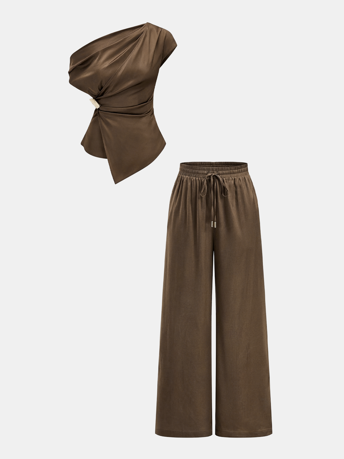 Ensemble haut satin asymétrique & pantalon à cordon