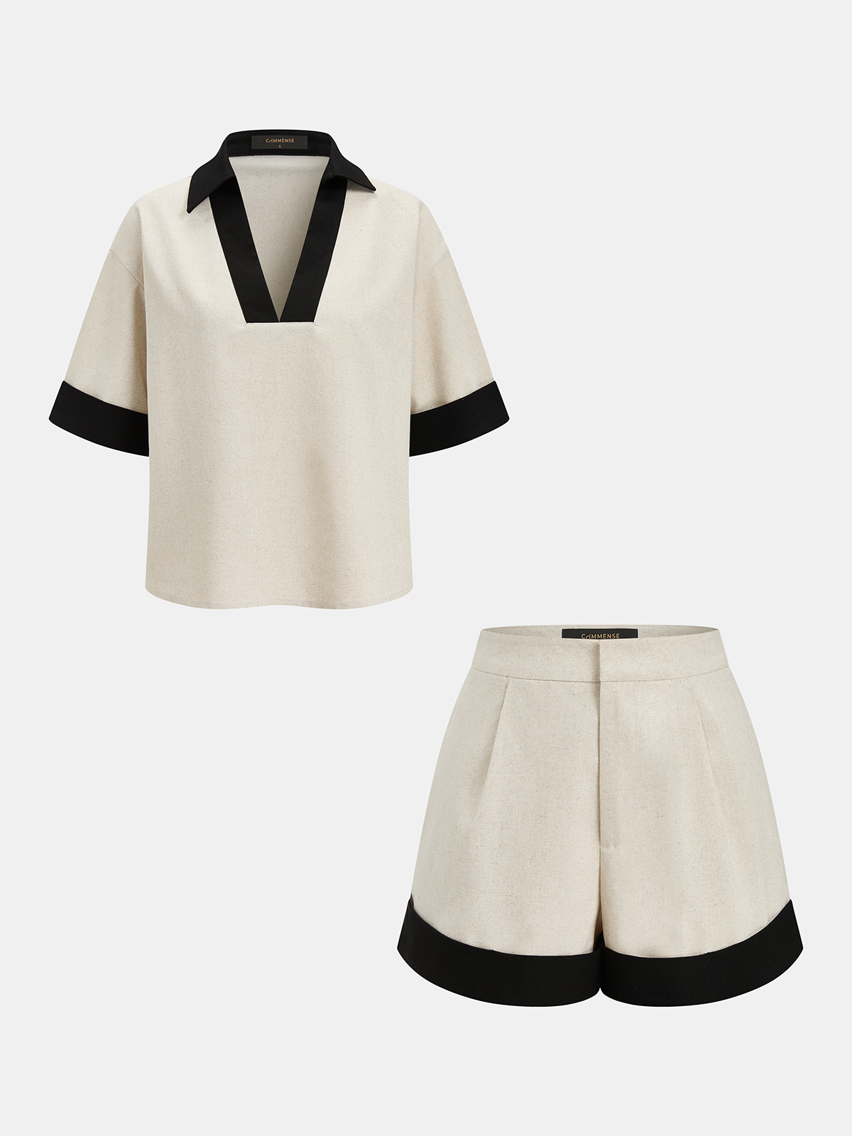 Contrast Trim Cotton Linen Top & Shorts Set