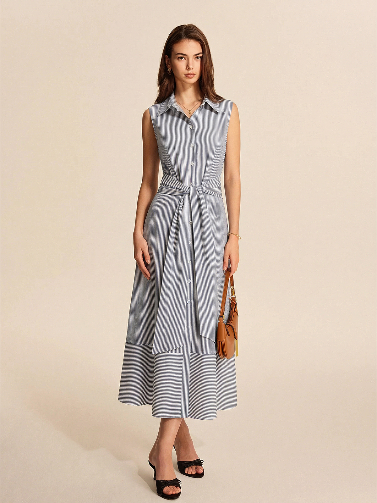 Striped Sleeveless Tie Waist Maxi Shirt Dress