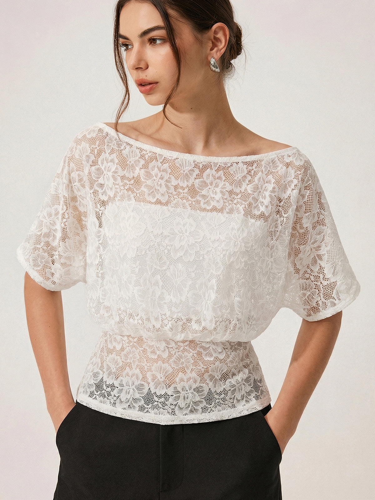 Lace Off-Shoulder Top with Built-in Bandeau