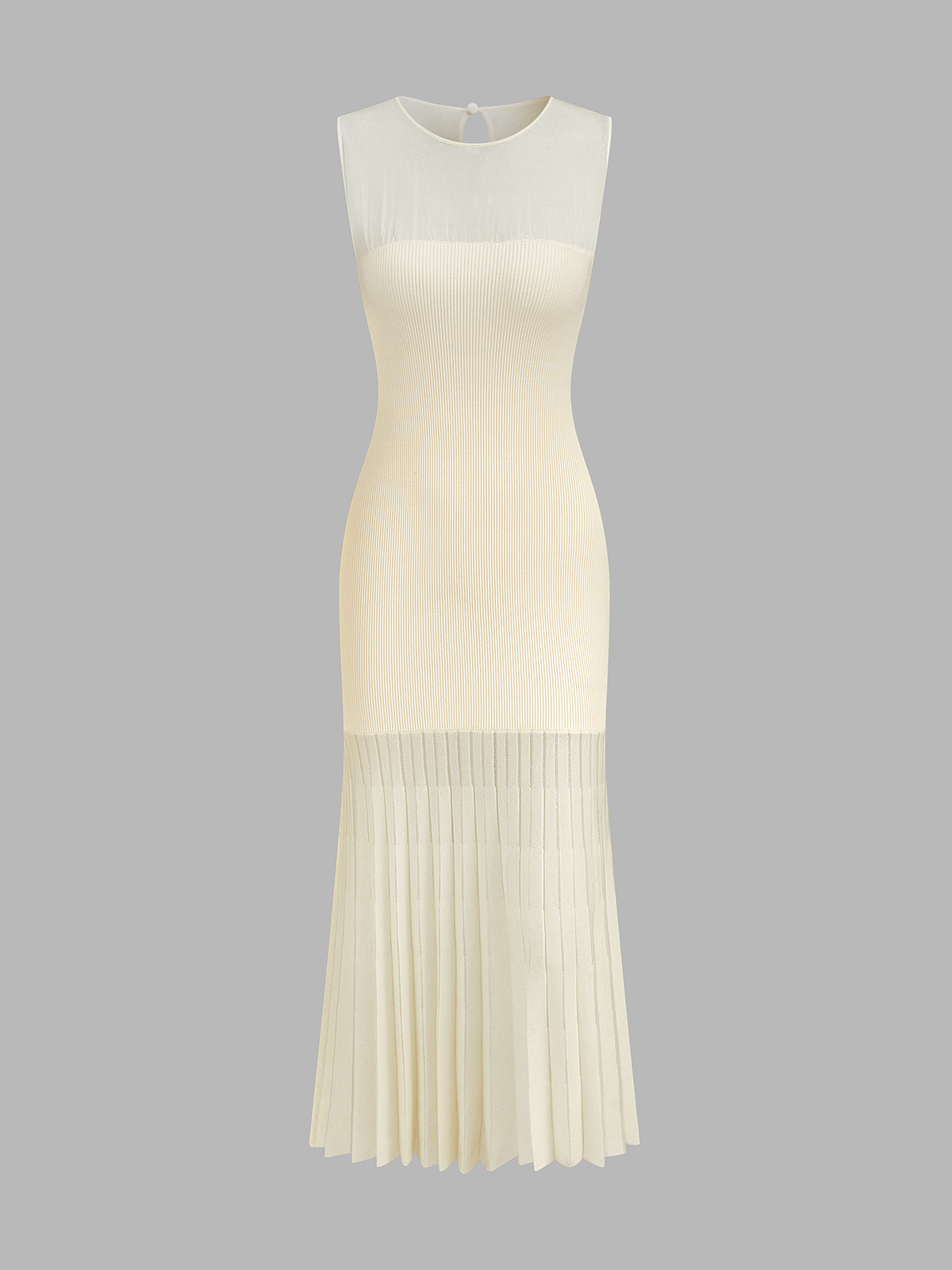 Ribbed Knit Sheer Pleated Maxi Dress
