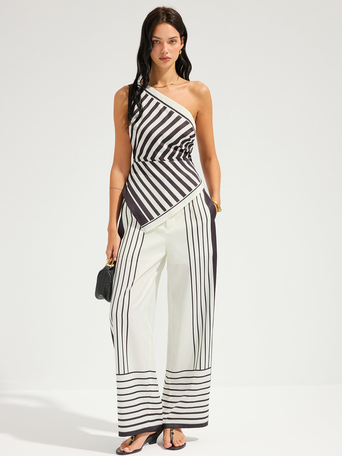 Striped One-Shoulder Top & Pants Set