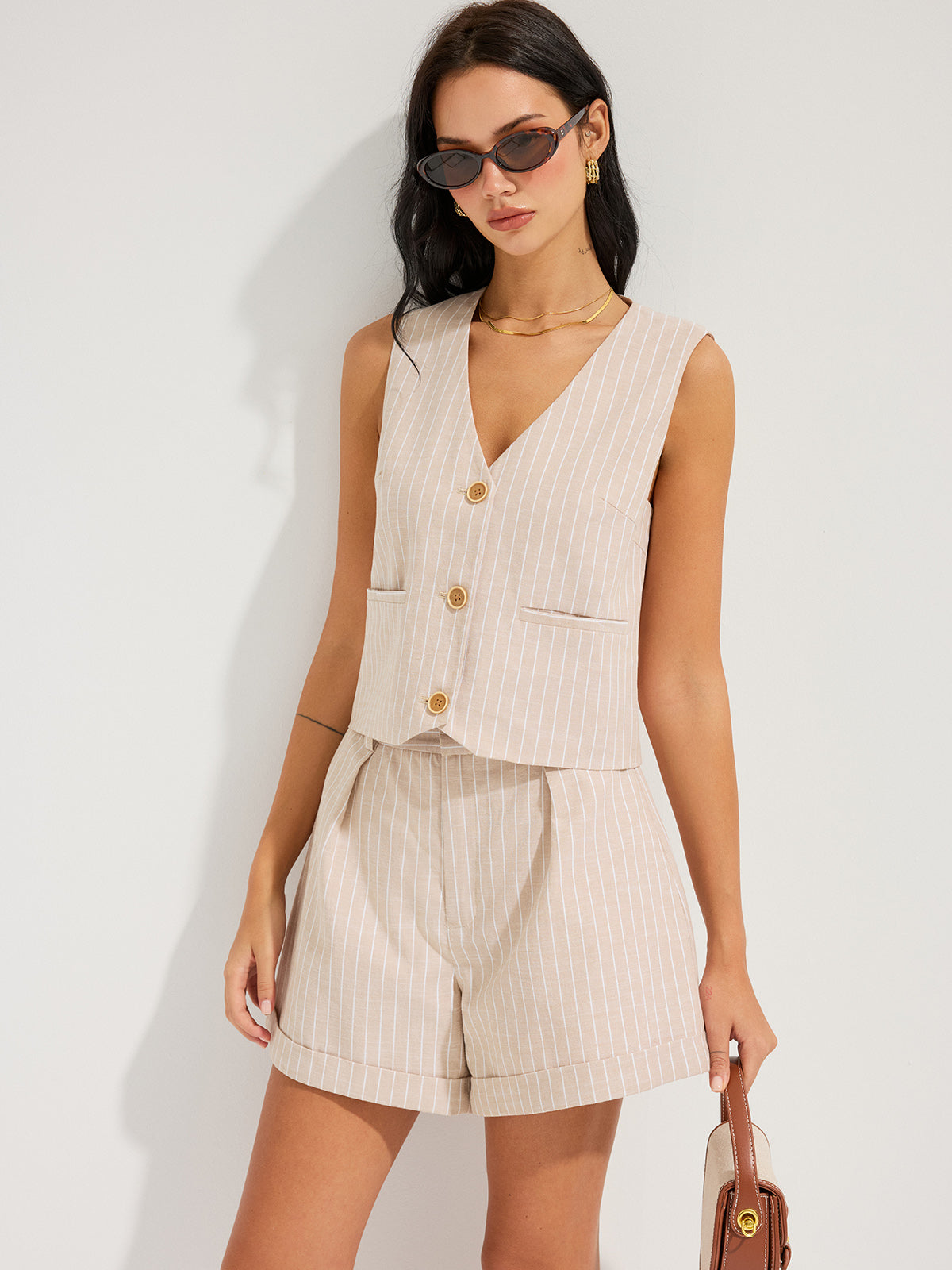 Striped Cotton Vest & Cuffed Shorts Set
