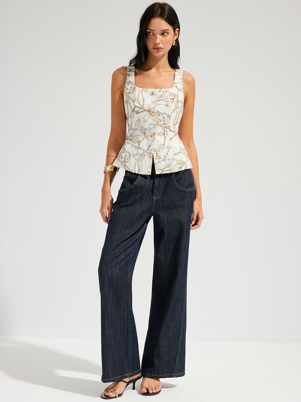 Embroidered Floral Square Neck Tank Top