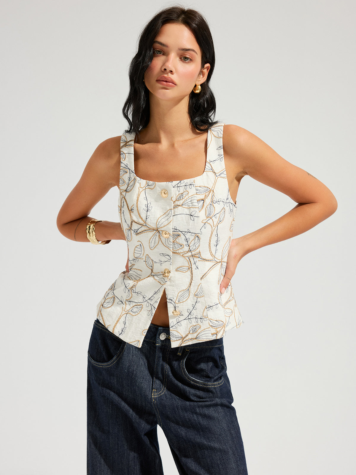 Embroidered Floral Square Neck Tank Top