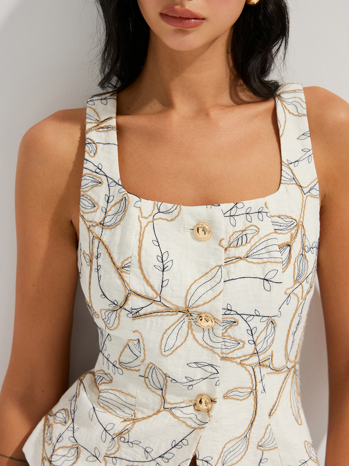 Embroidered Floral Square Neck Tank Top