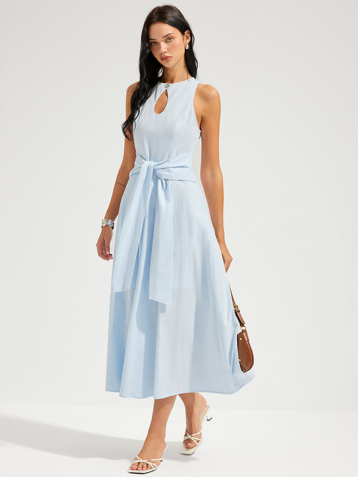 Cotton Sleeveless Keyhole Tie-Waist Maxi Dress