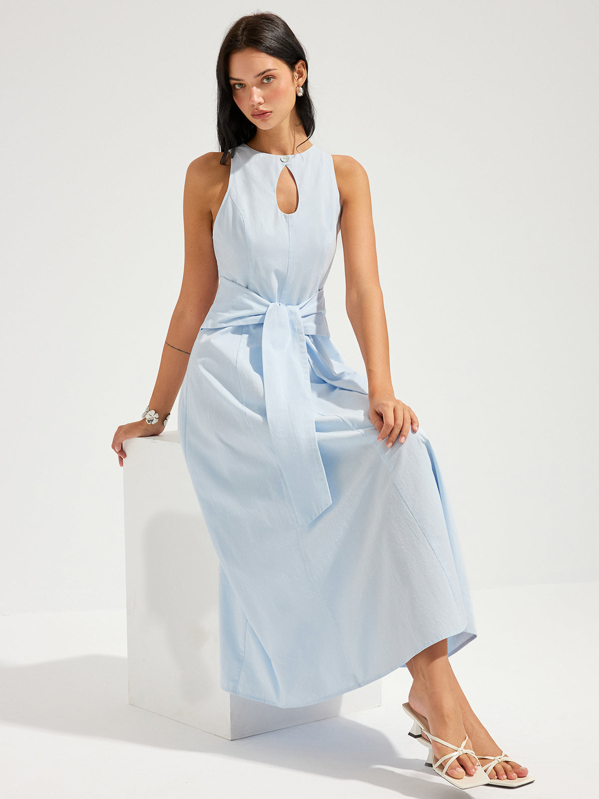 Cotton Sleeveless Keyhole Tie-Waist Maxi Dress