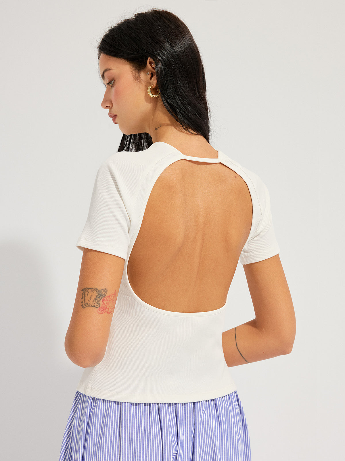 Ribbed Open Back Short Sleeve Top
