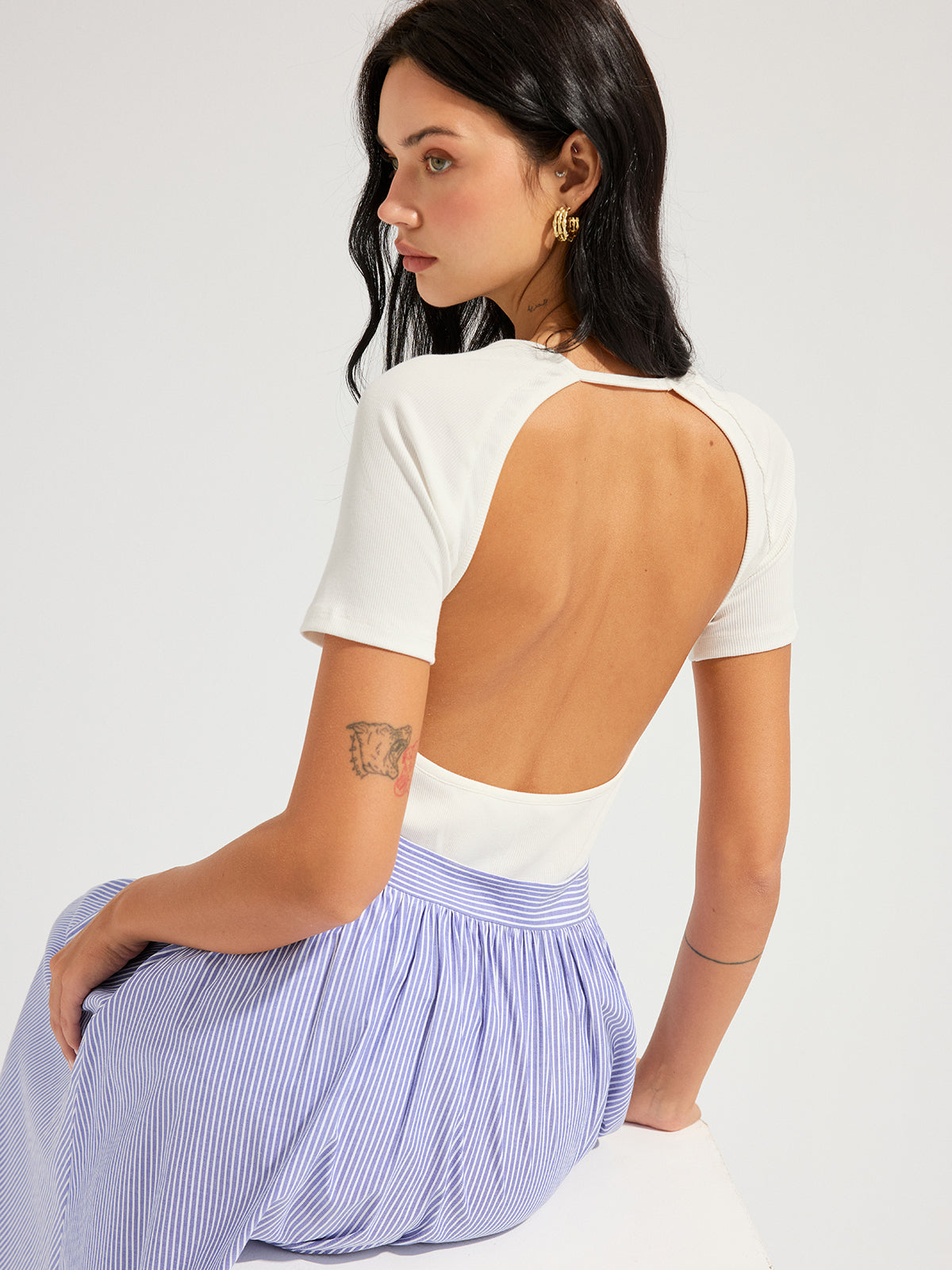 Ribbed Open Back Short Sleeve Top