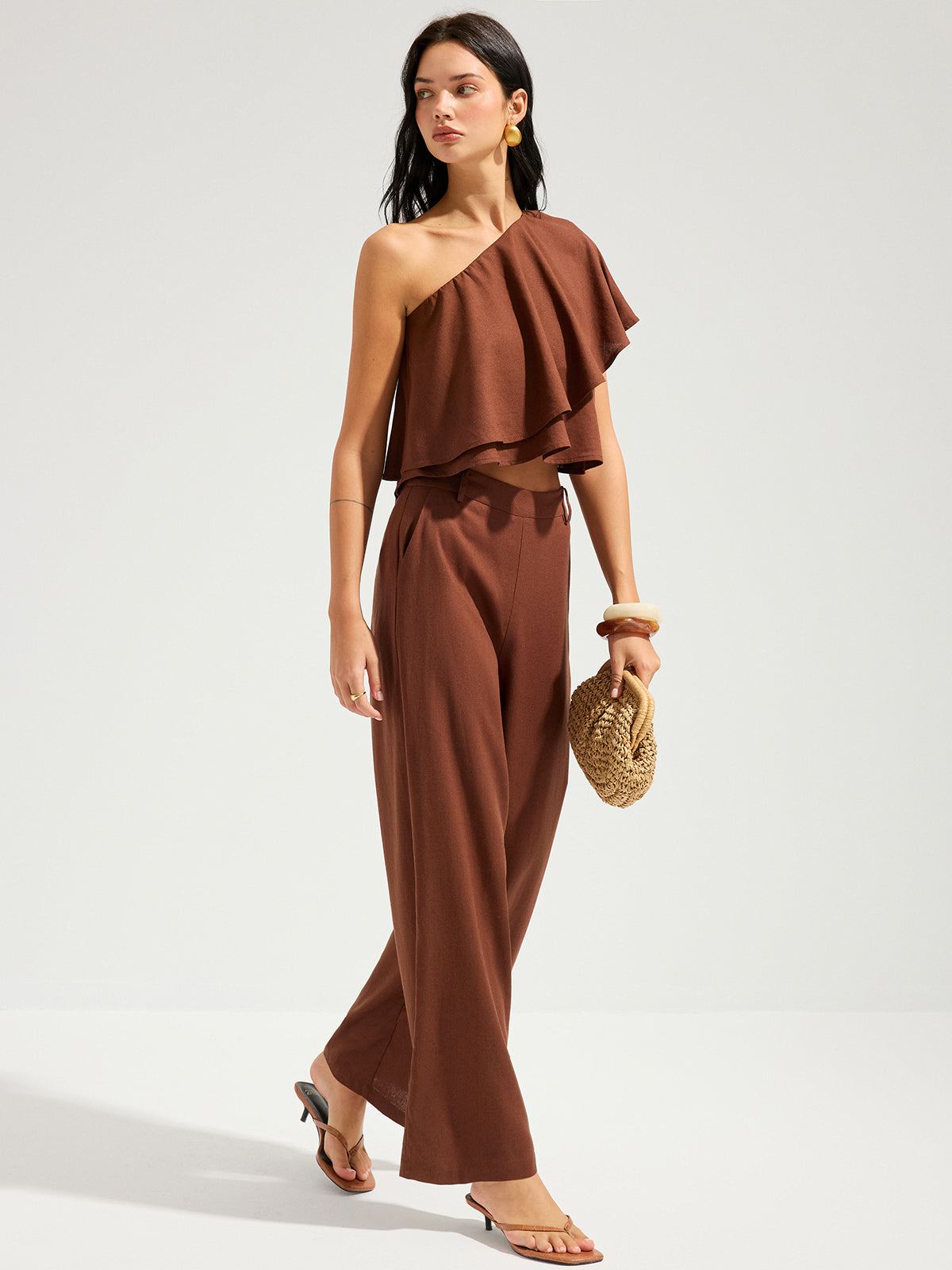 Linen-Blend One-Shoulder Ruffle Top & Pants Set