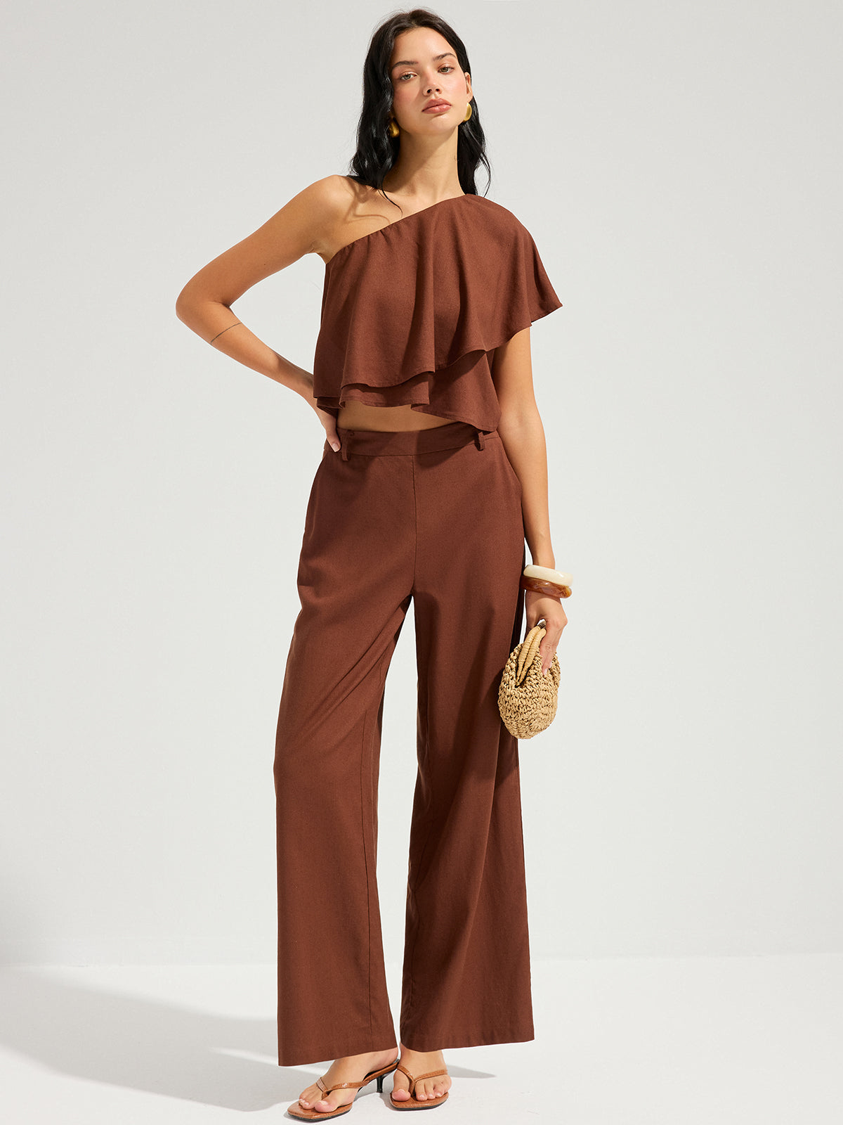Linen-Blend One-Shoulder Ruffle Top & Pants Set