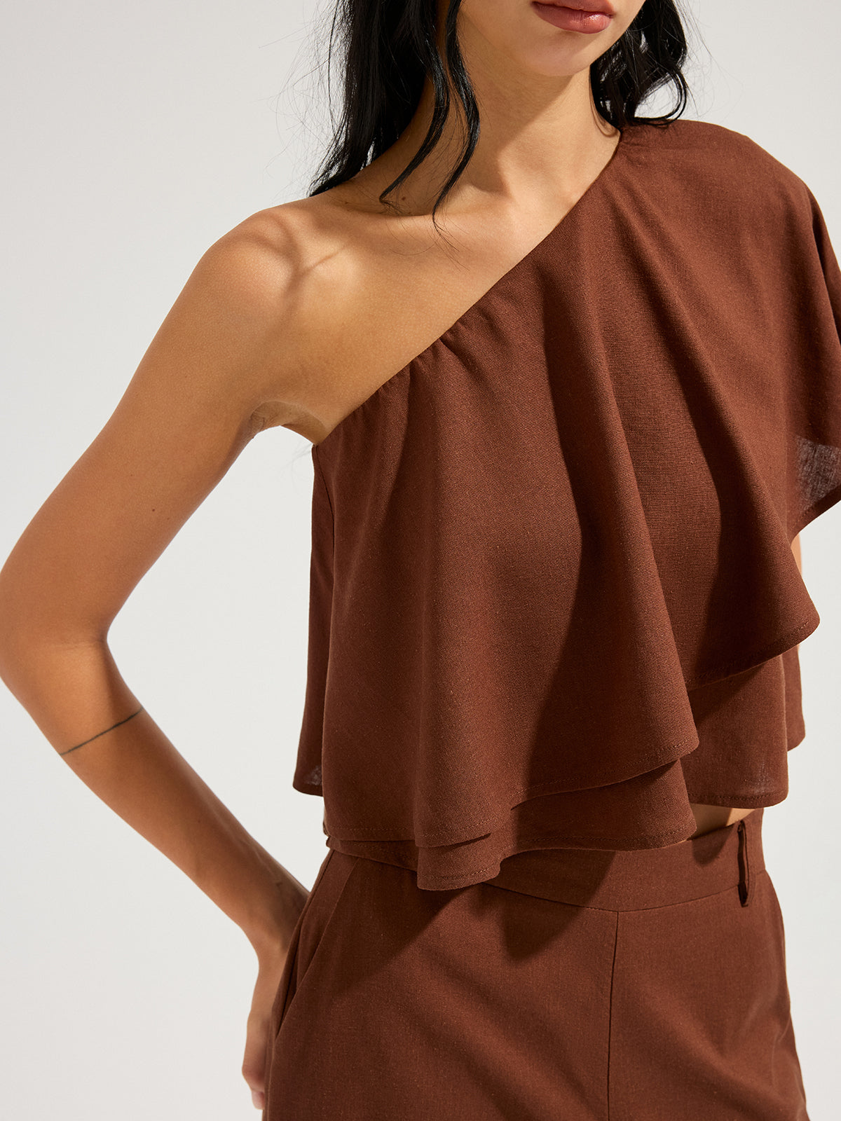 Linen-Blend One-Shoulder Ruffle Top & Pants Set