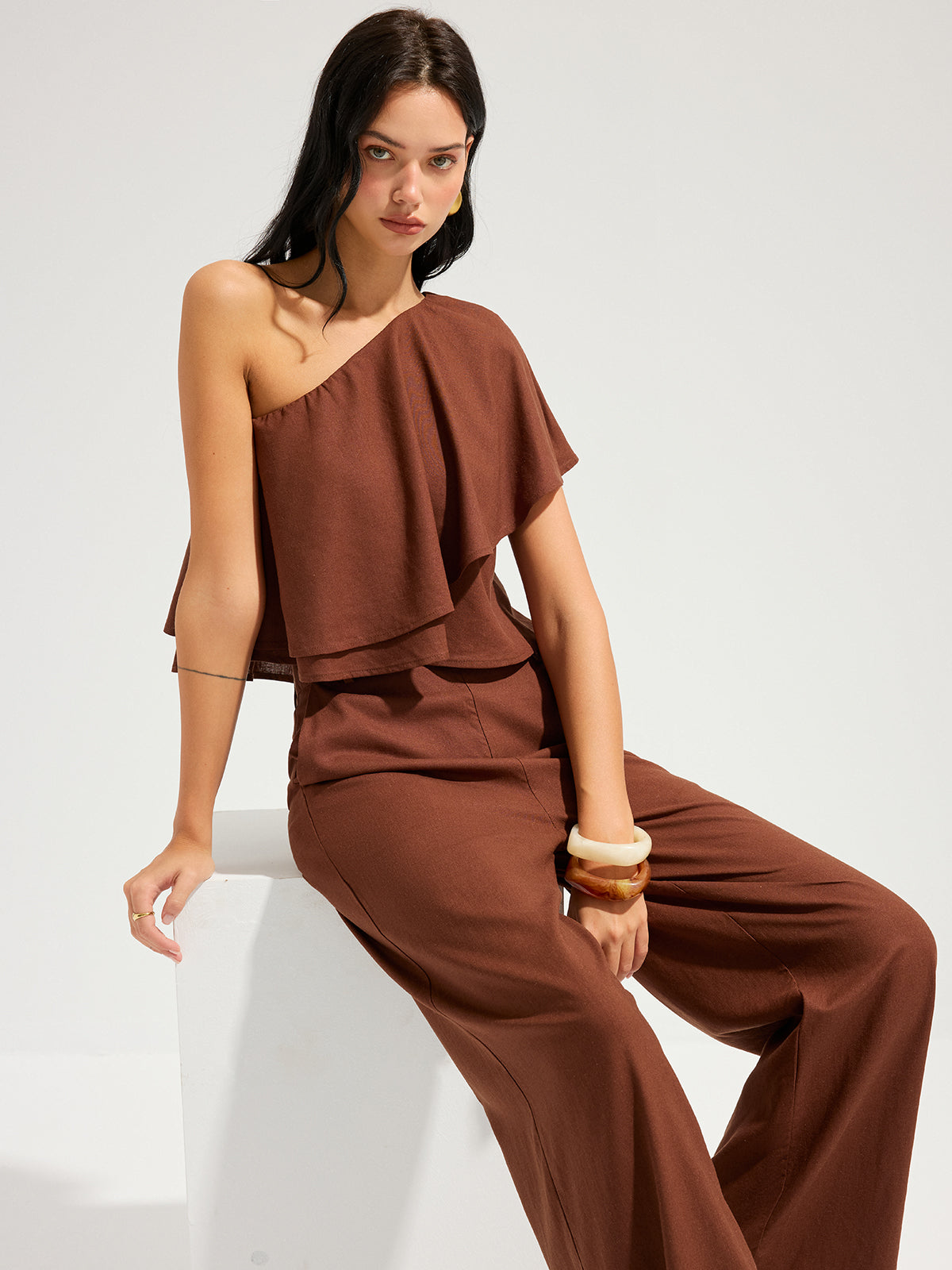 Linen-Blend One-Shoulder Ruffle Top & Pants Set