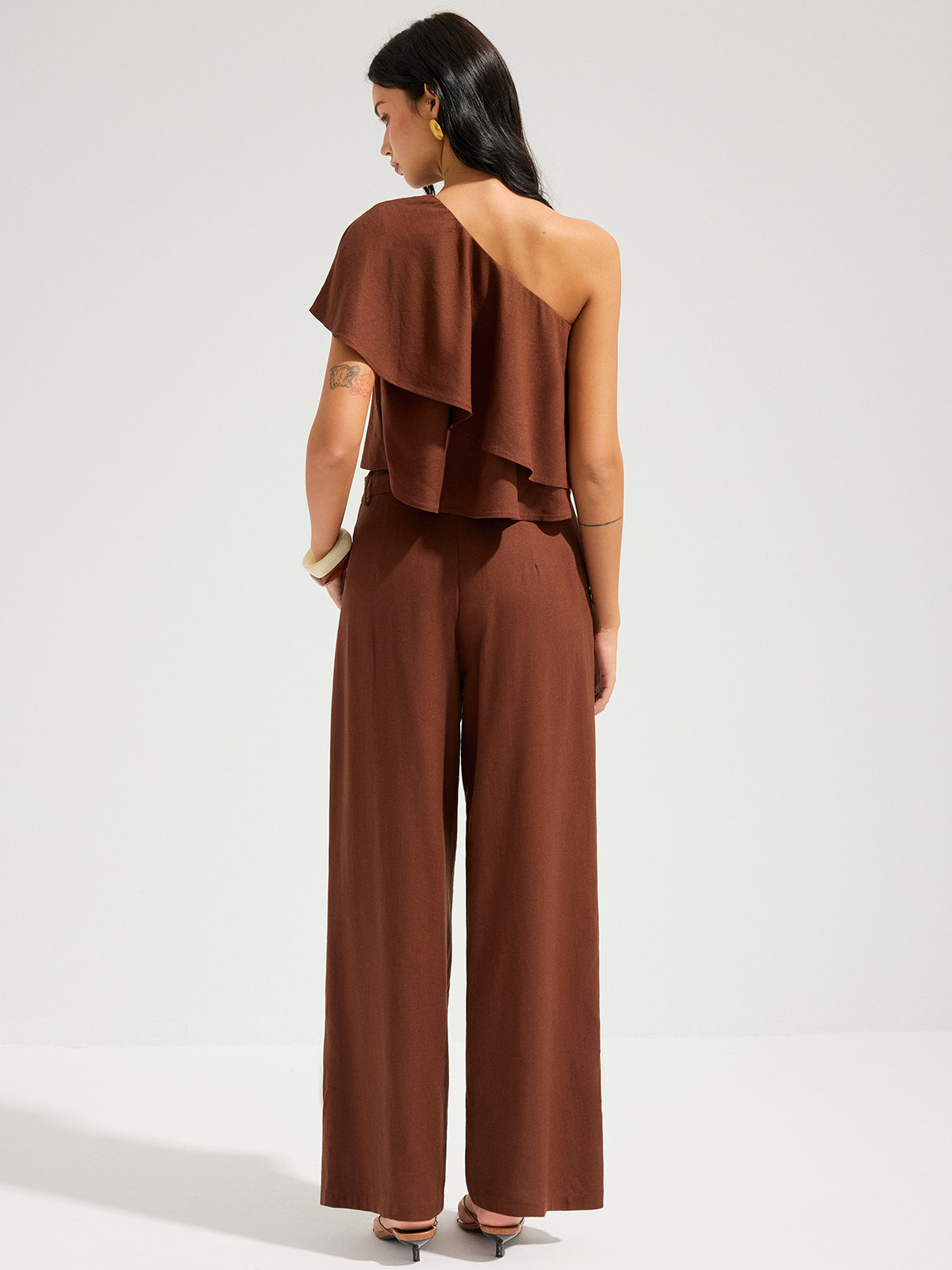 Linen-Blend One-Shoulder Ruffle Top & Pants Set