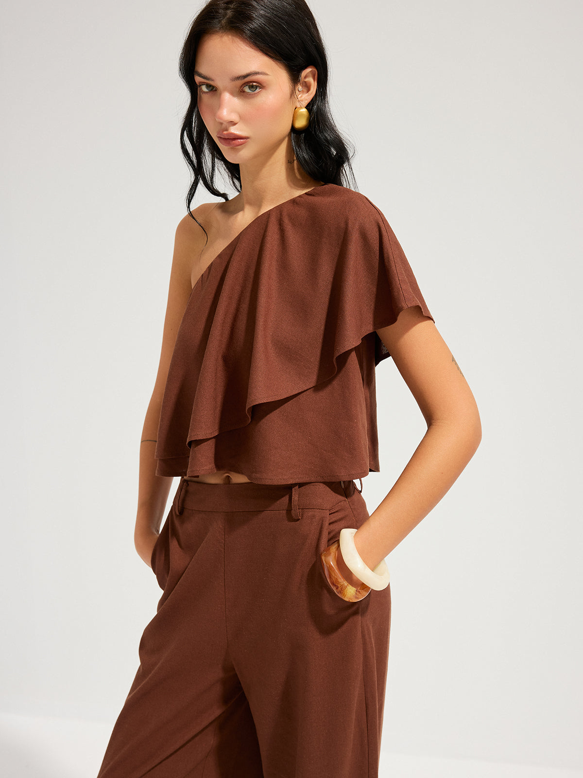 Linen-Blend One-Shoulder Ruffle Top & Pants Set