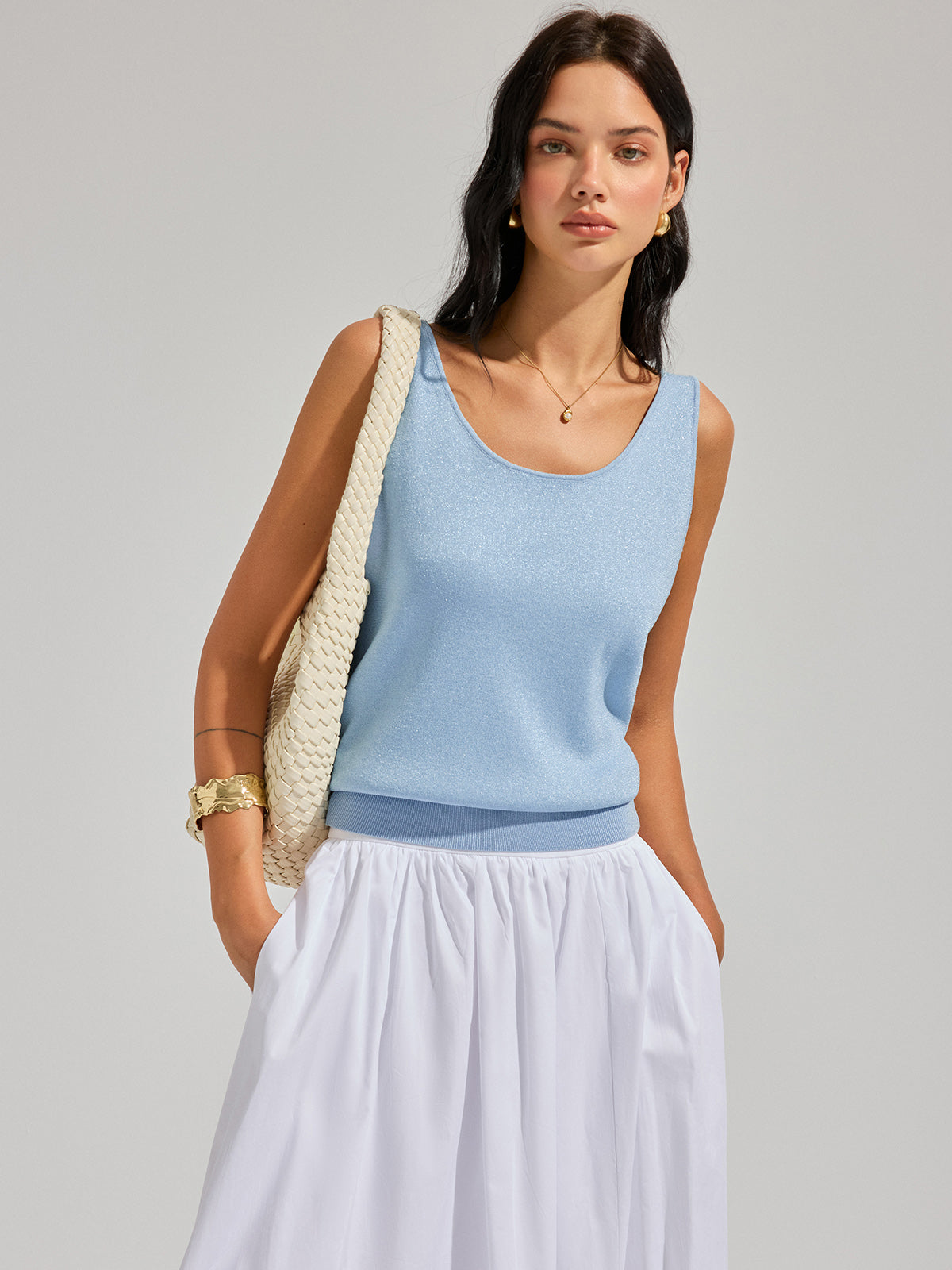Lurex Knit Deep V-Back Tank Top
