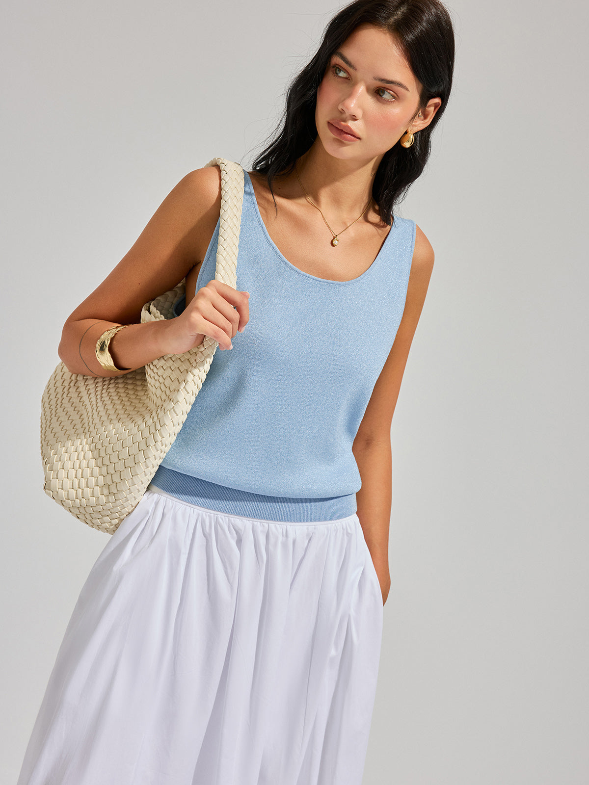 Lurex Knit Deep V-Back Tank Top