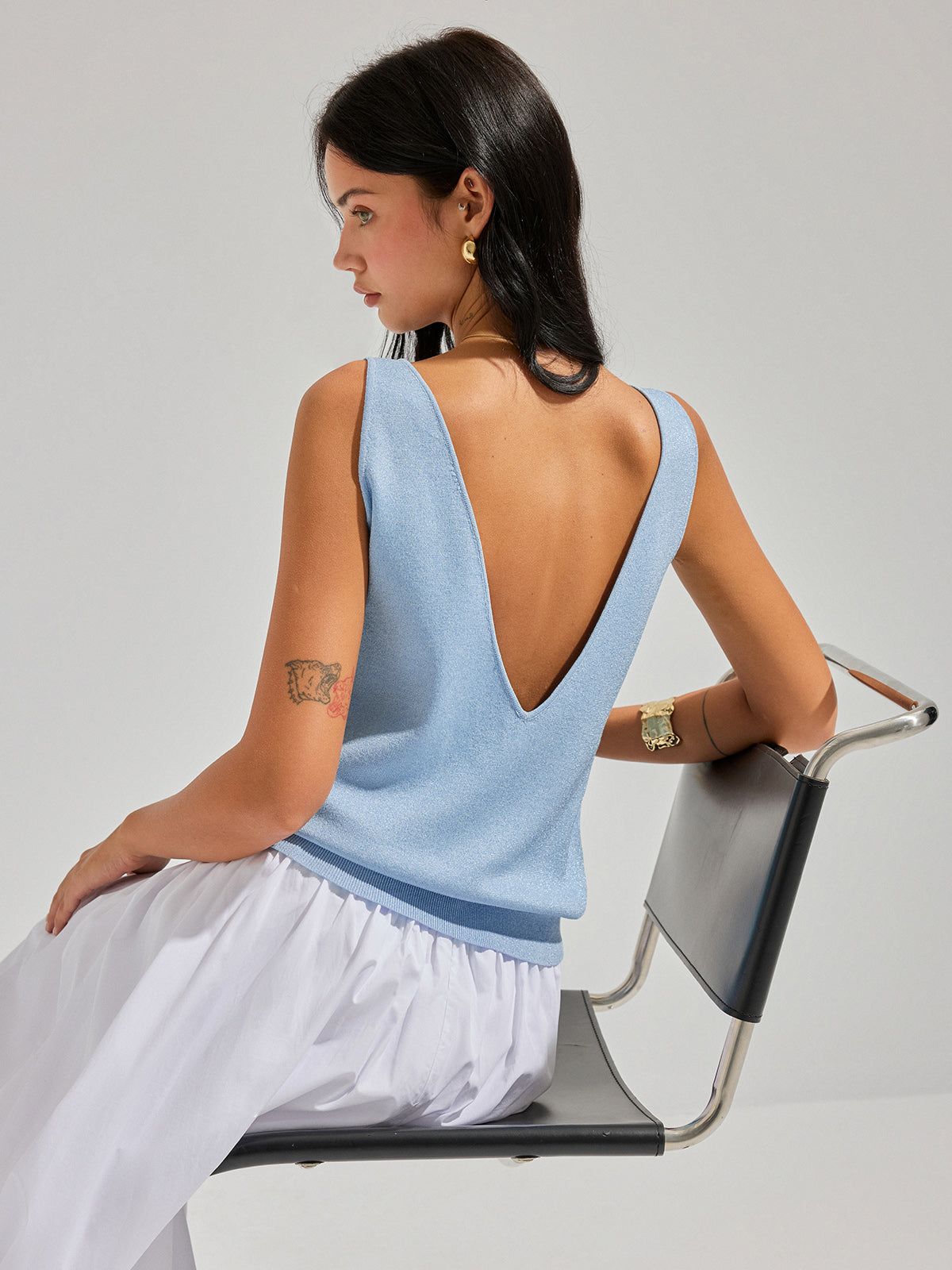 Lurex Knit Deep V-Back Tank Top