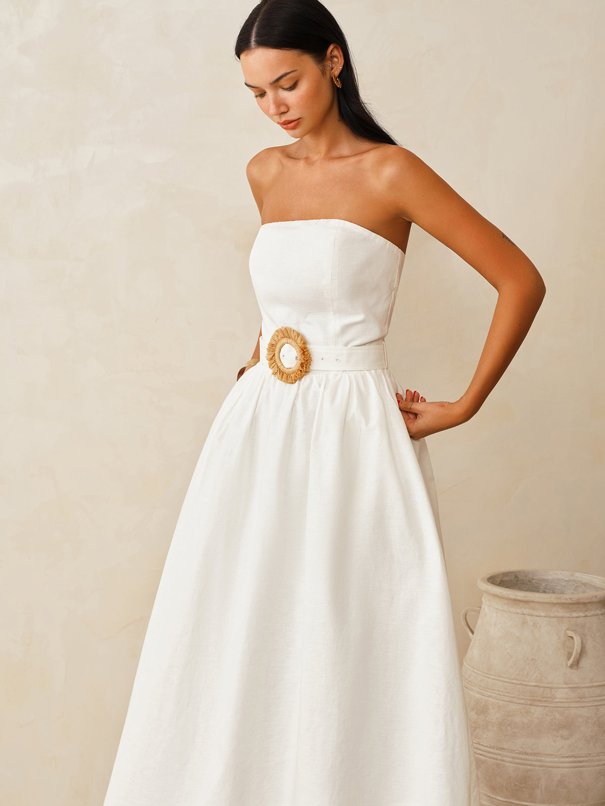 Trägerloses Maxi-Kleid aus Baumwollleinen mit Gürtel