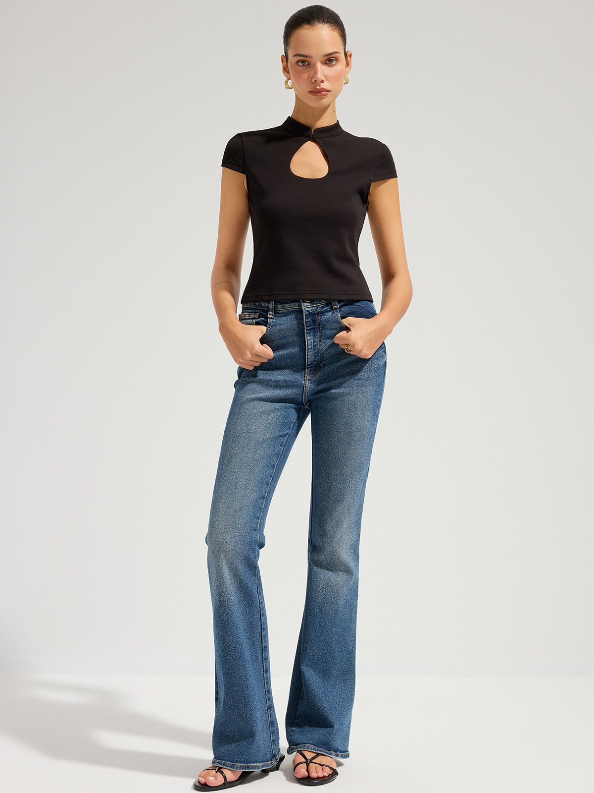 Mandarin Collar Keyhole Short Sleeve Top