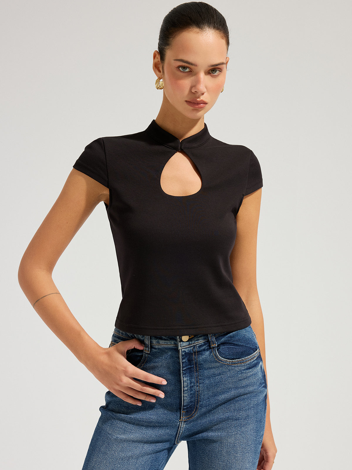 Mandarin Collar Keyhole Short Sleeve Top