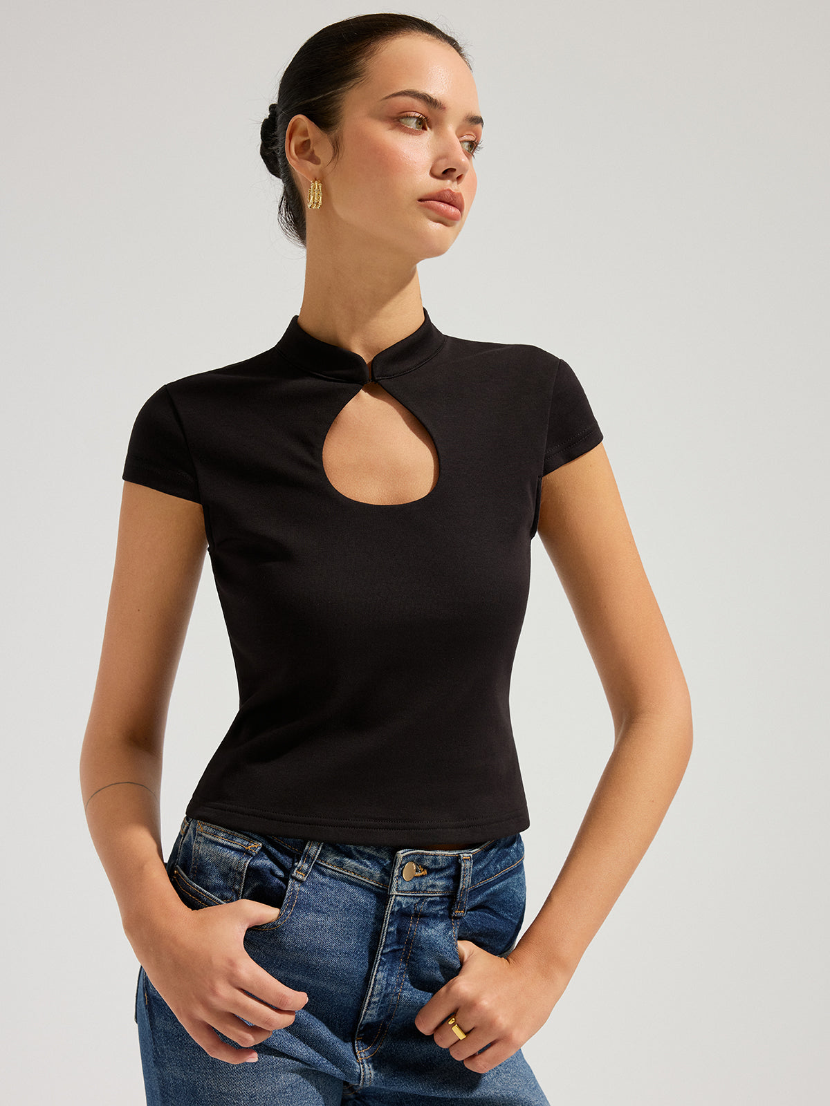 Mandarin Collar Keyhole Short Sleeve Top