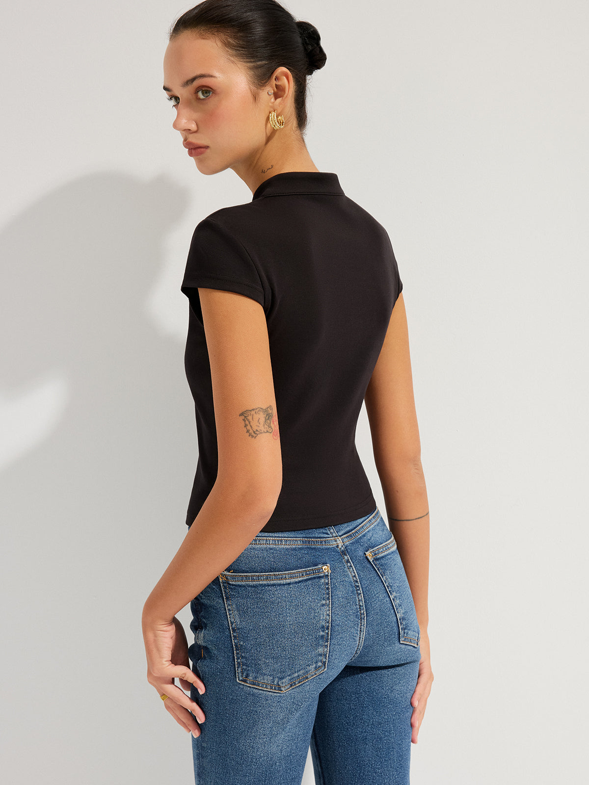 Mandarin Collar Keyhole Short Sleeve Top