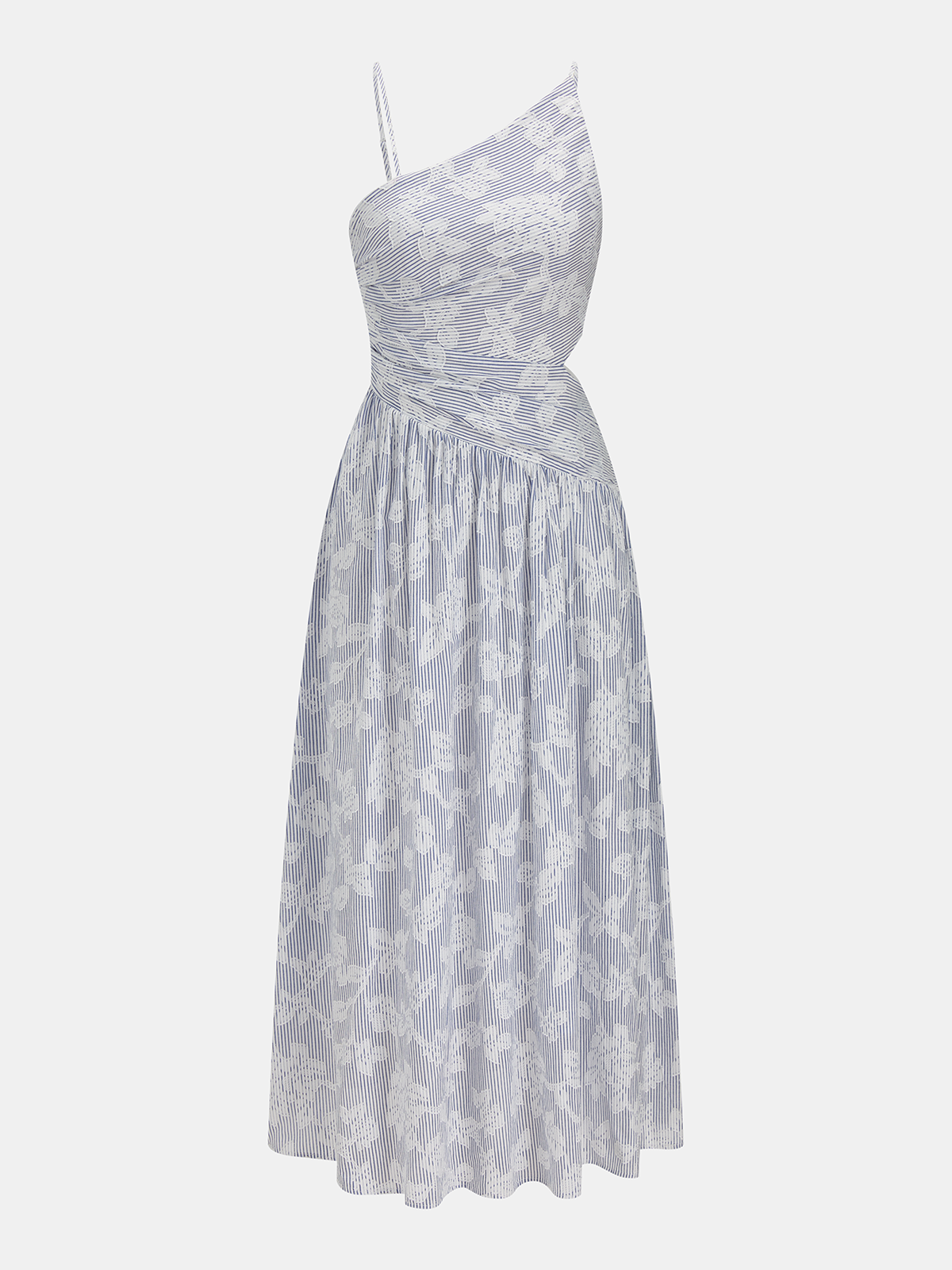 Robe longue asymétrique brodée de fleurs et rayée