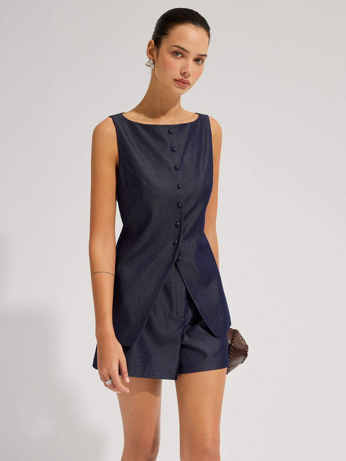 Faux Denim Sleeveless Top & Shorts Set
