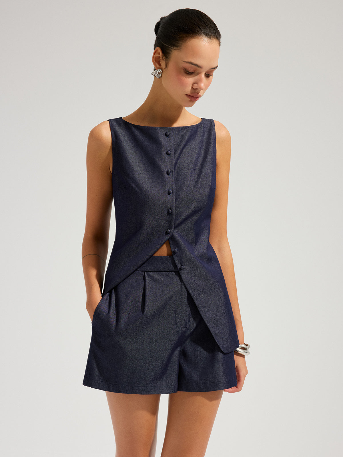 Faux Denim Sleeveless Top & Shorts Set