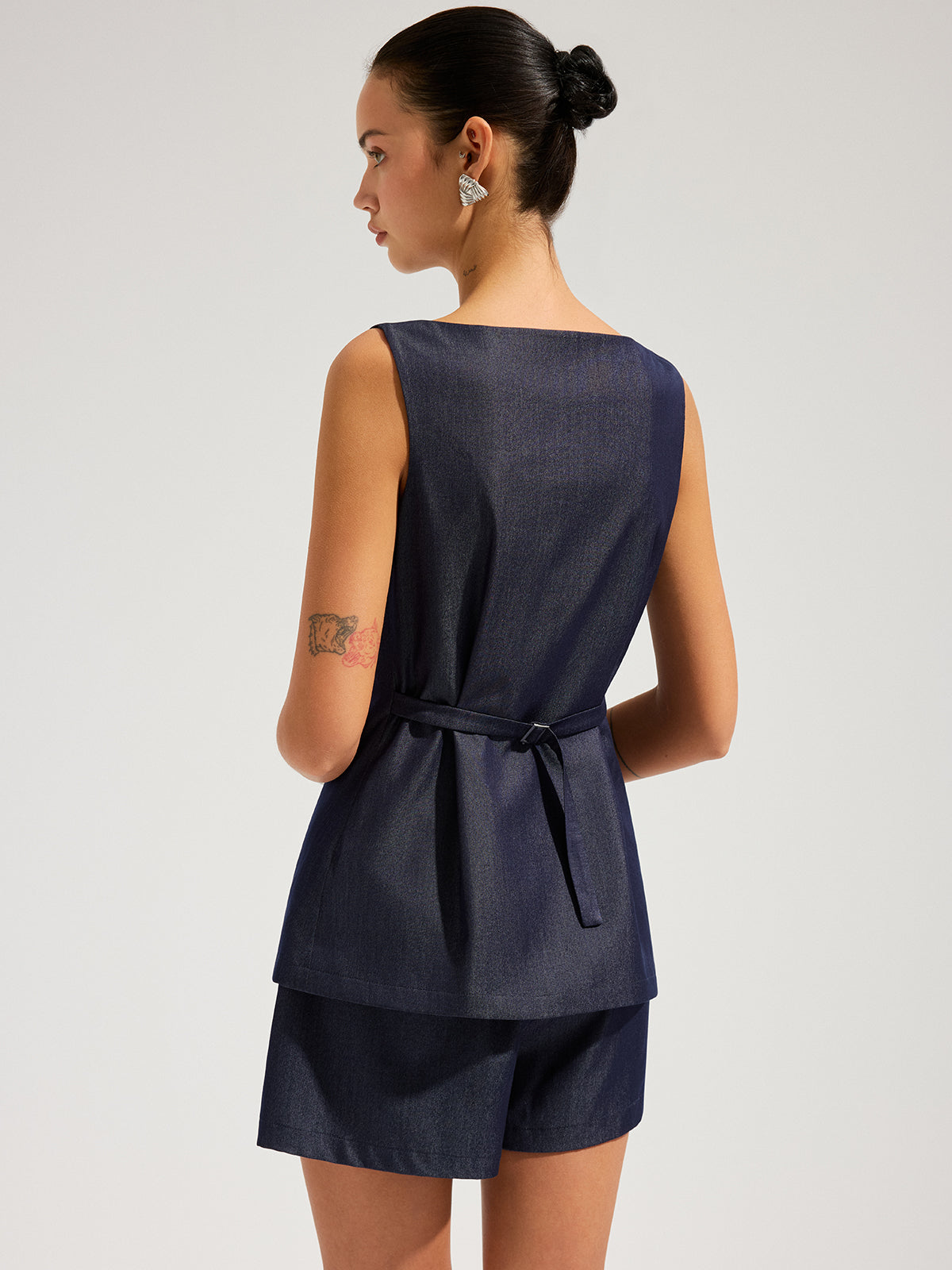 Faux Denim Sleeveless Top & Shorts Set