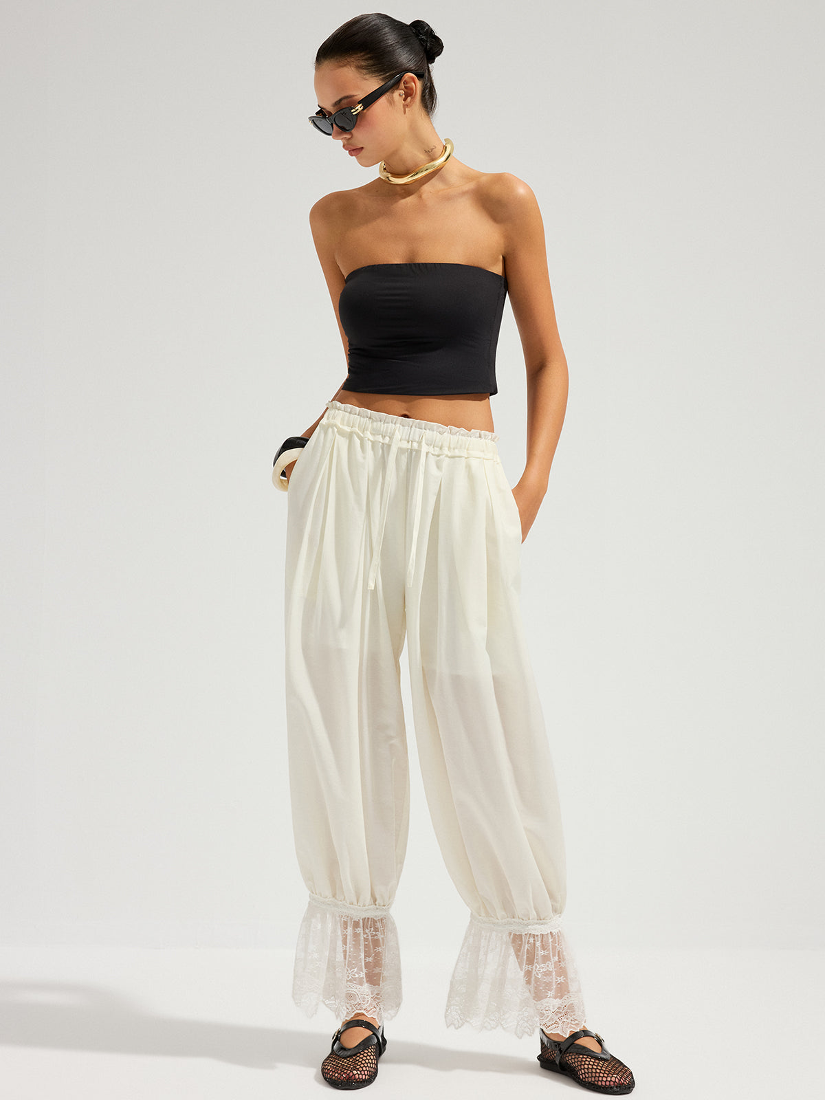 Lace Cuff Drawstring Harem Pants