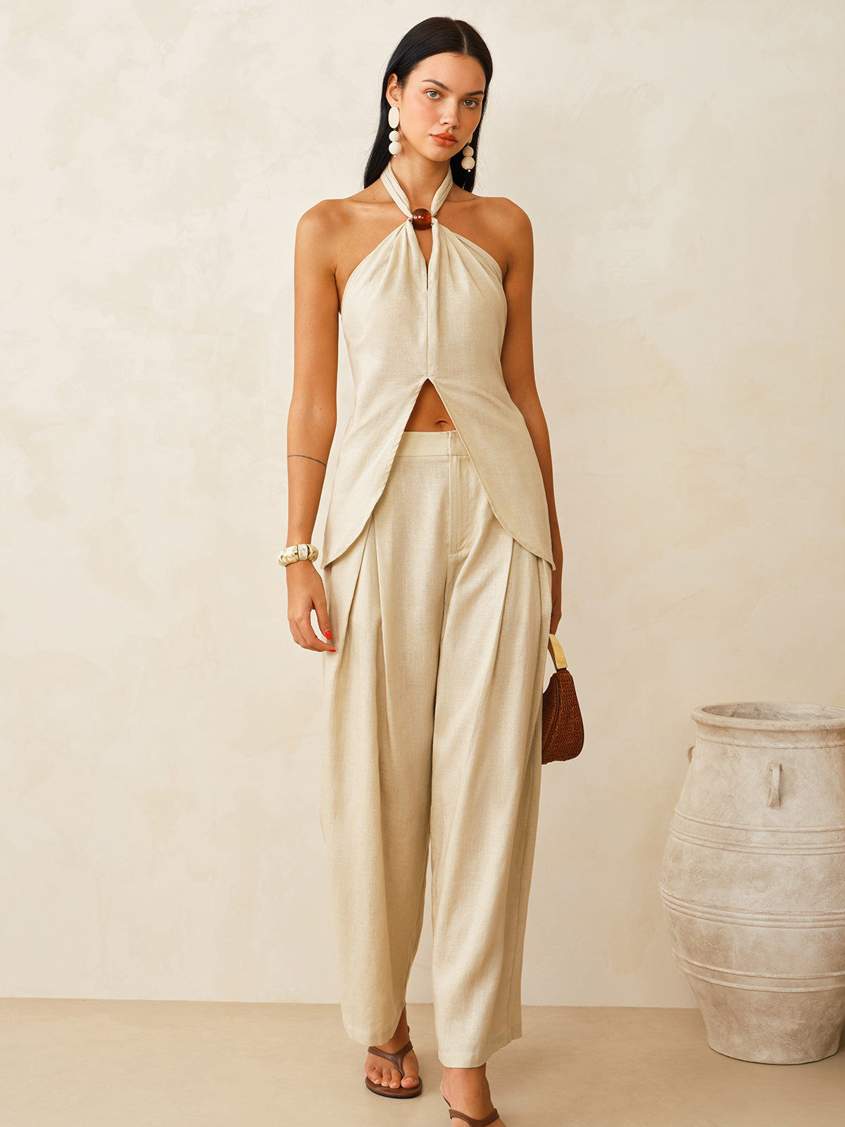 Ensemble top dos nu et pantalon en mélange de lin