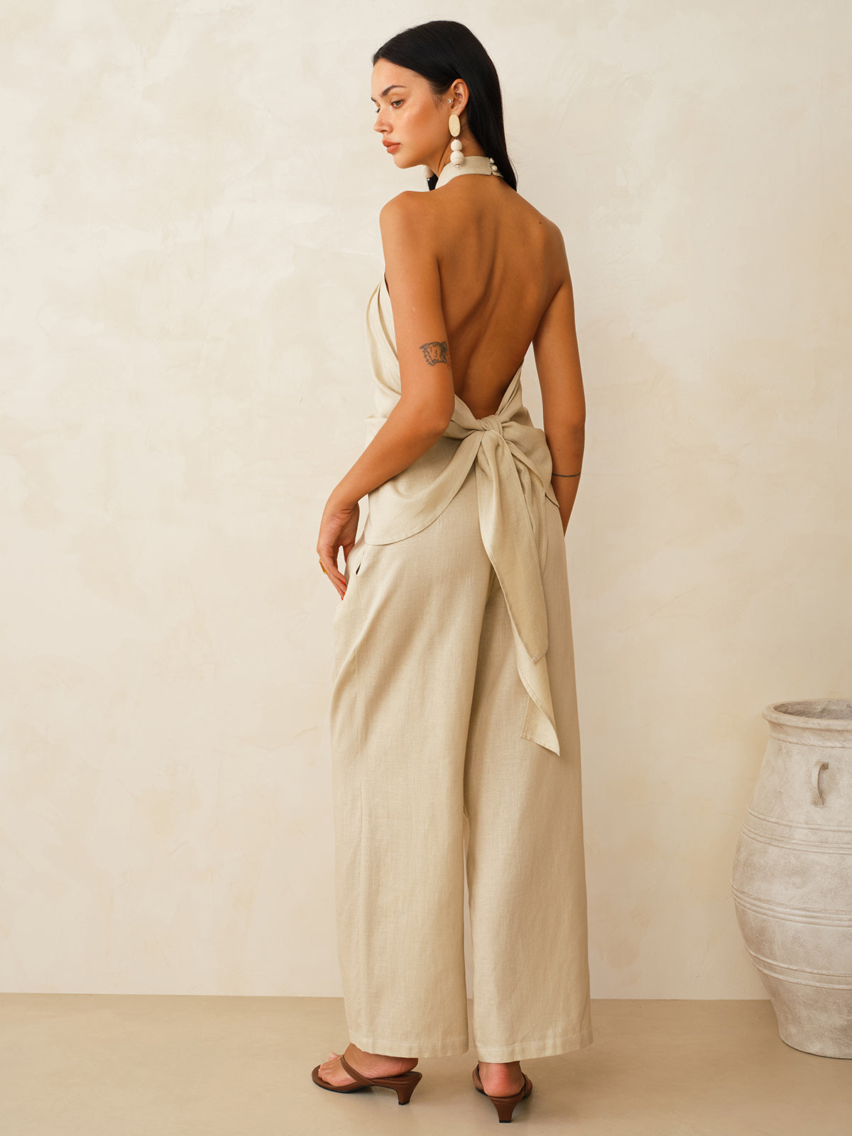 Leinenmischgewebe-Neckholder-Top und Hose Set