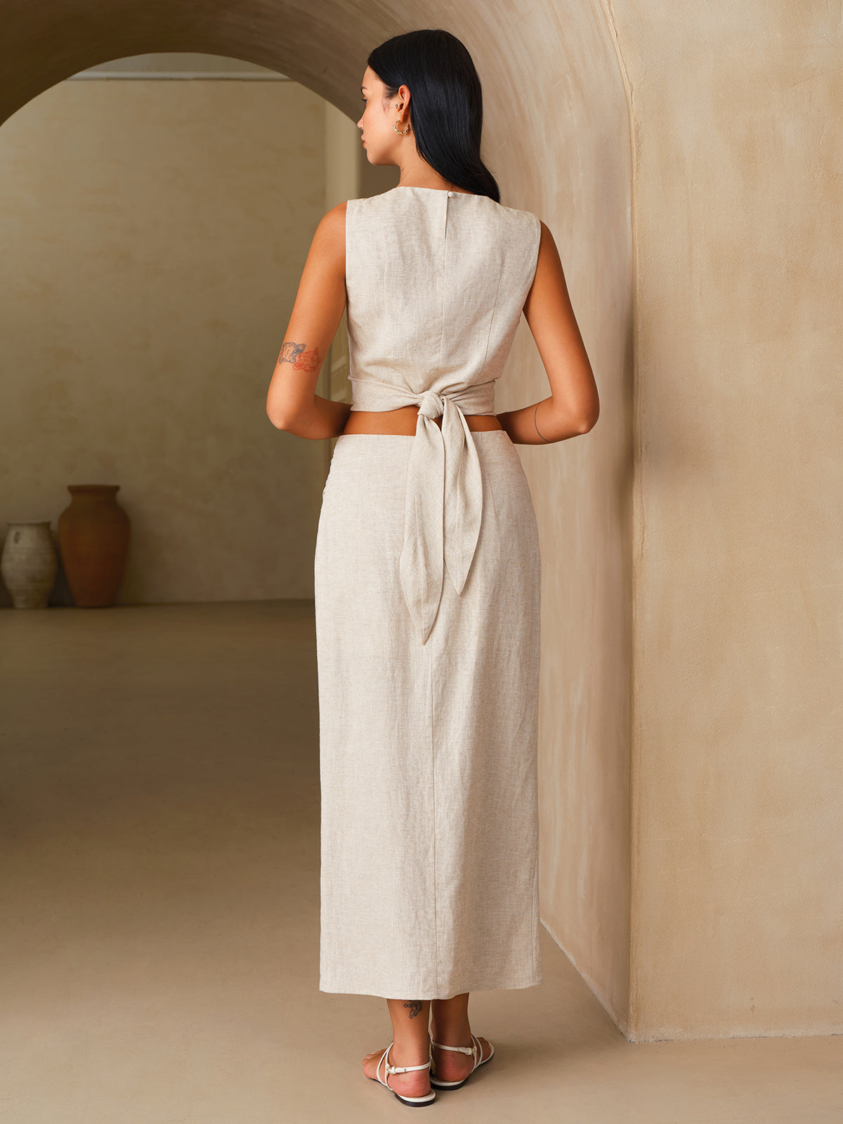 Linen-Blend Knot-Back Top & Wrap Skirt Set