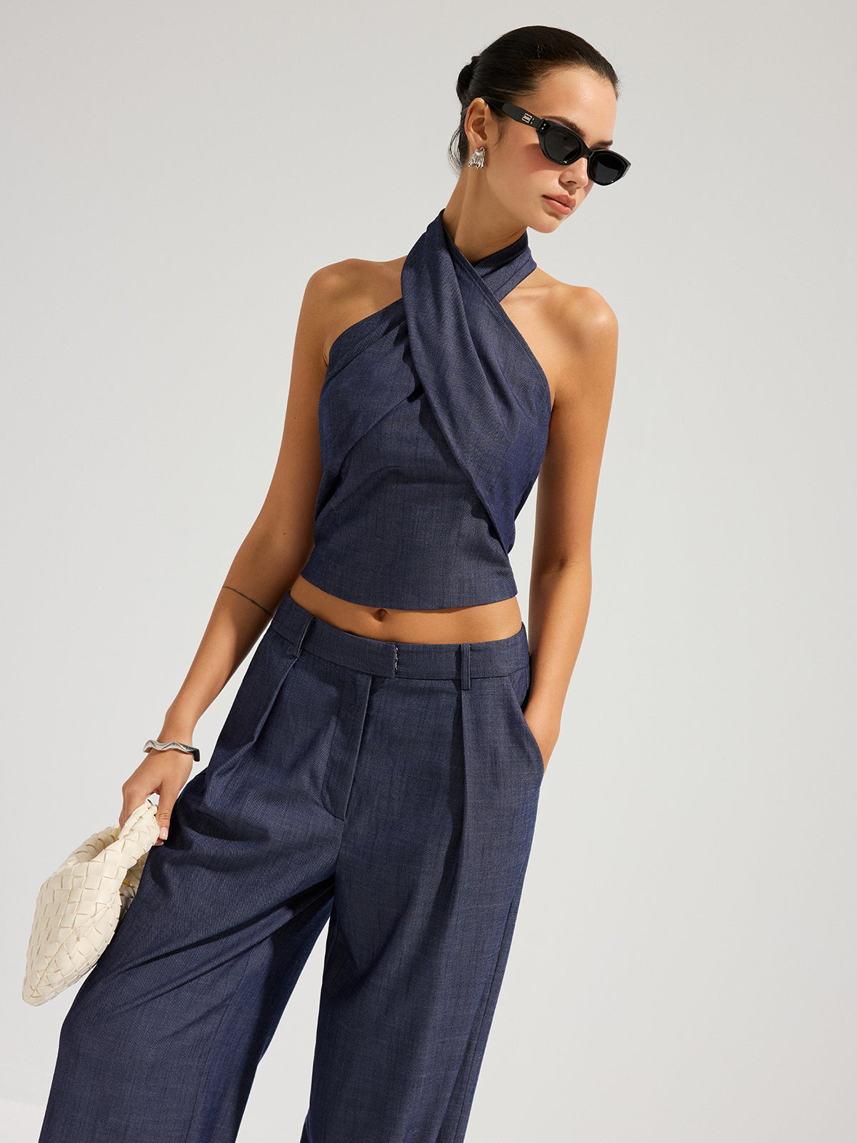 Denim Halter Neck Crop Top & Pants Set