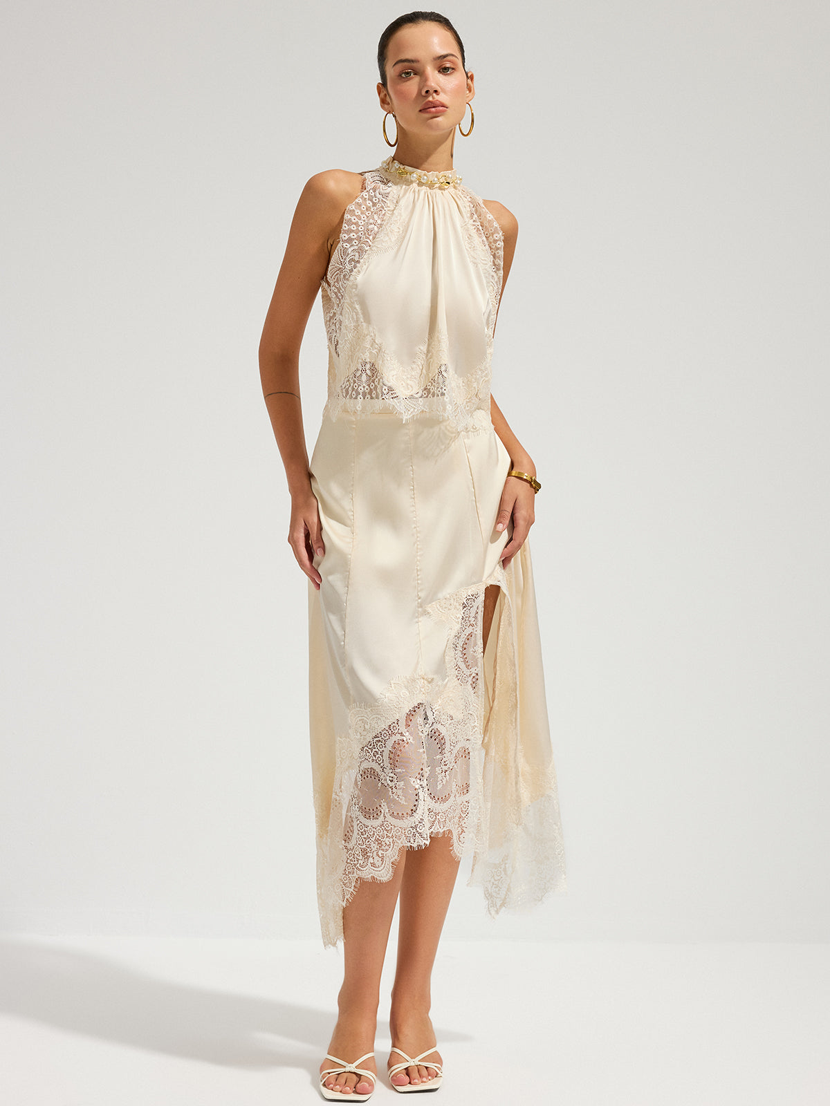 Satin Lace Trim Top & Asymmetrical Skirt Set